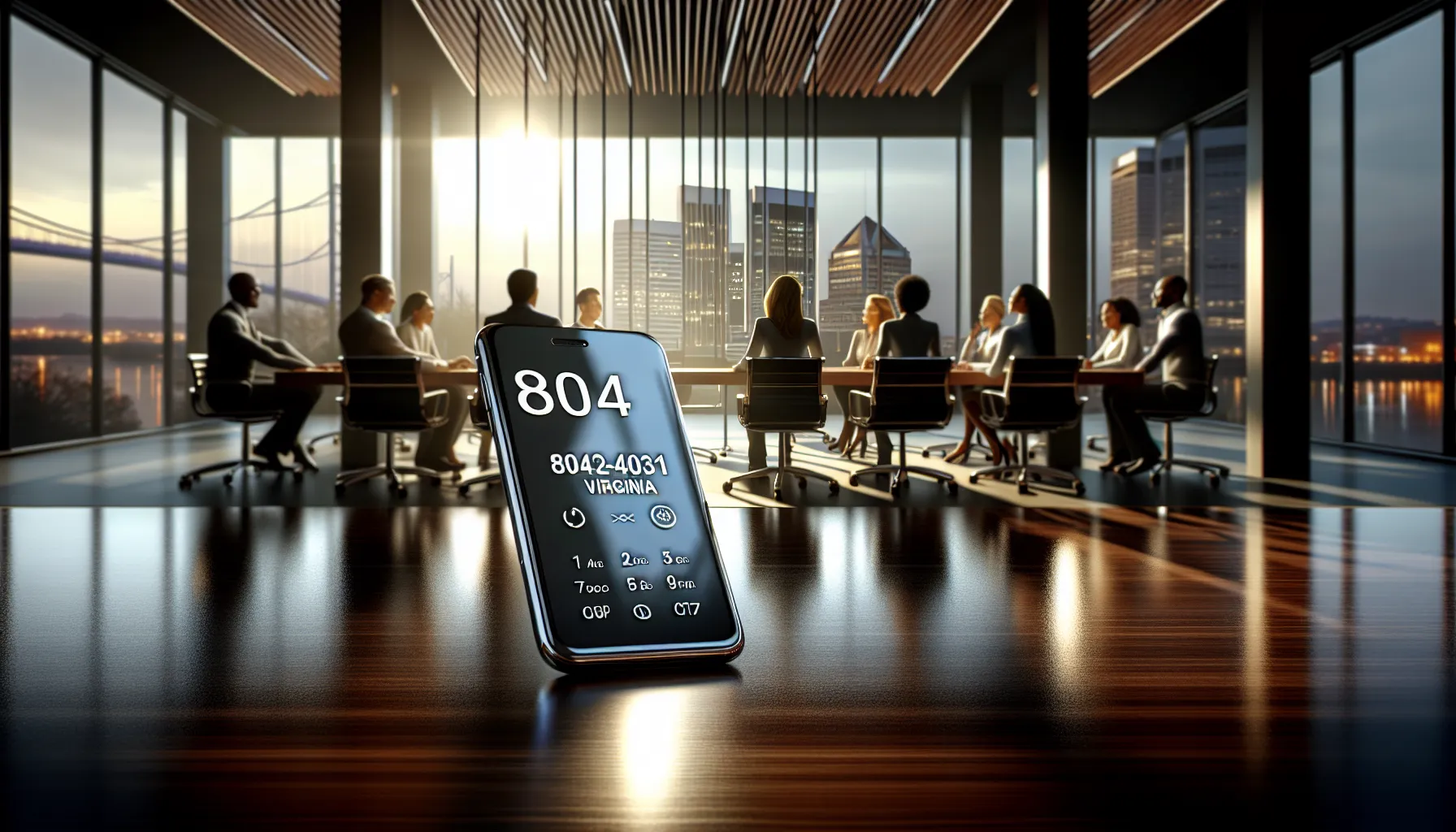 smartphone displaying 804-342-4031 in a modern office environment.