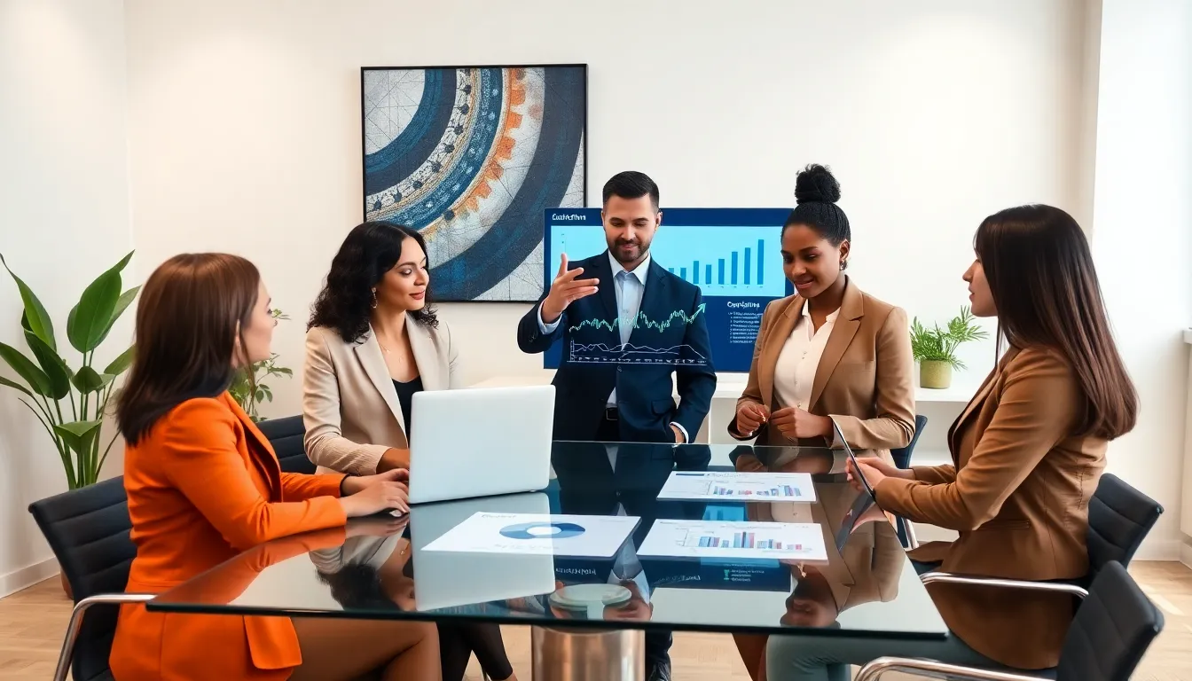 Diverse team discussing blockchain staking in a modern office.