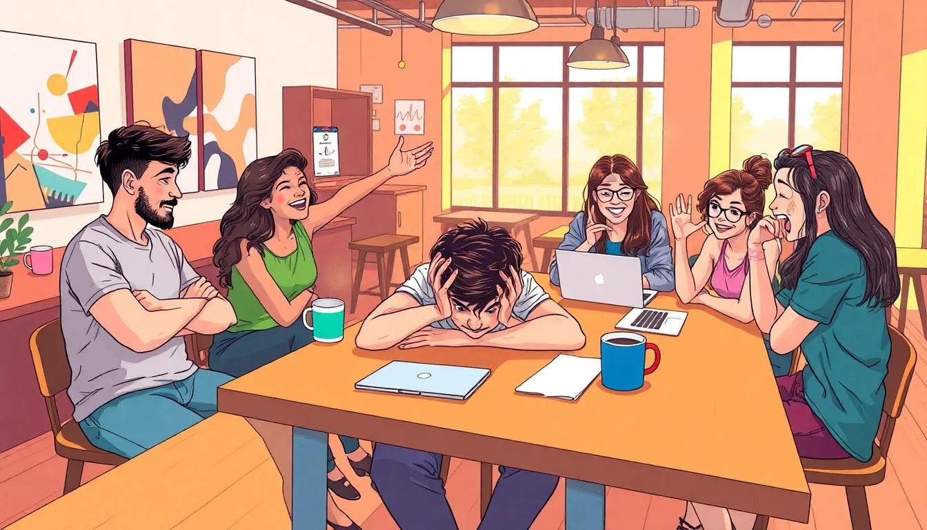 group of friends expressing frustration and laughter in a modern café.