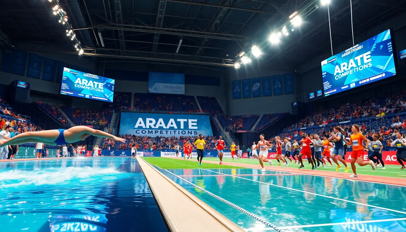 diverse athletes competing at an ARATE sports event in a lively arena.