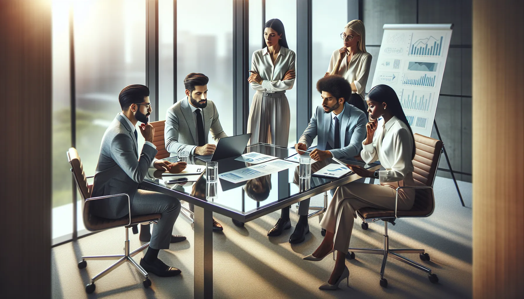 professionals discussing data in a modern office setting.