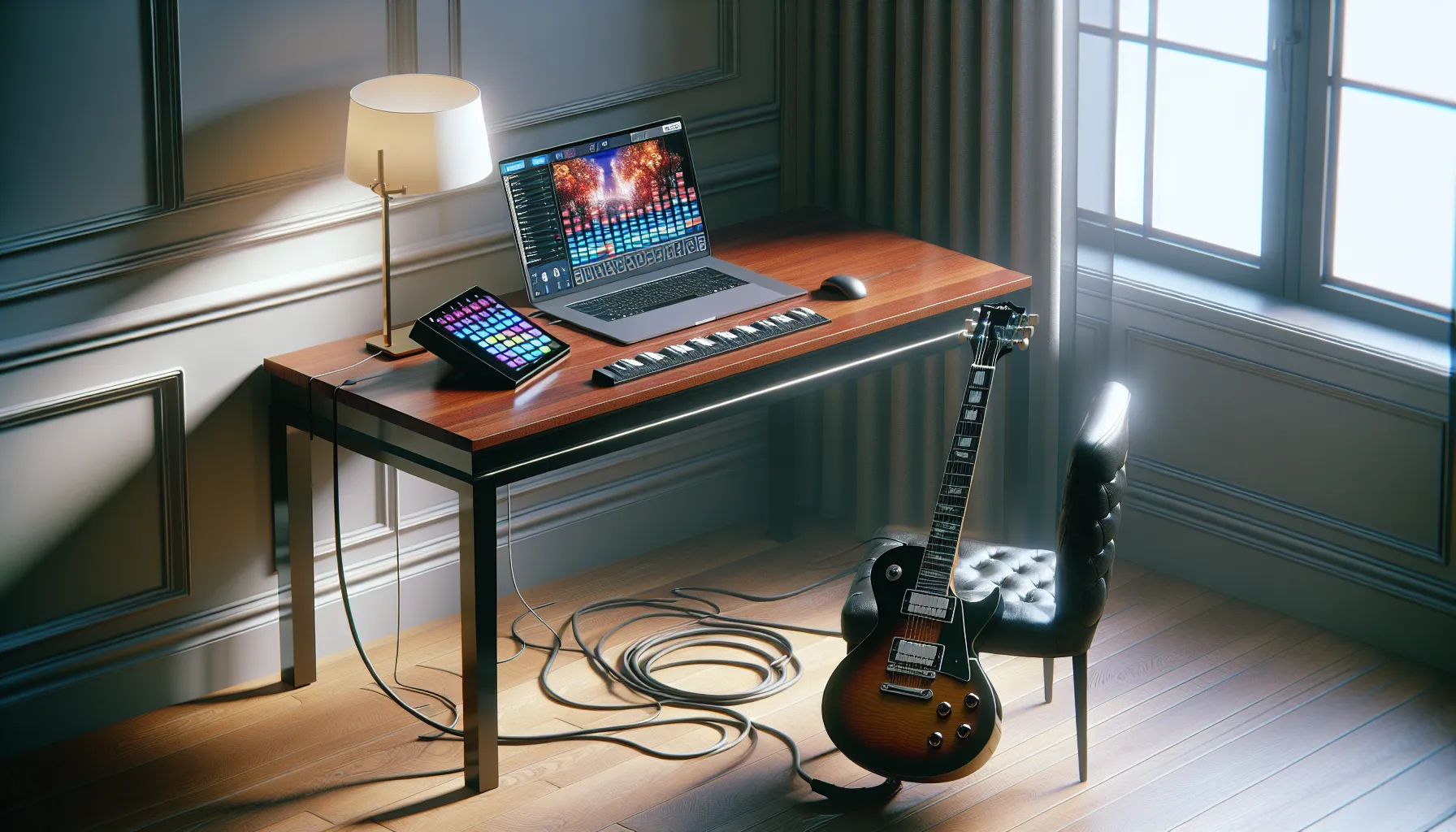 electric guitar connected to a laptop for gaming in a modern workspace.