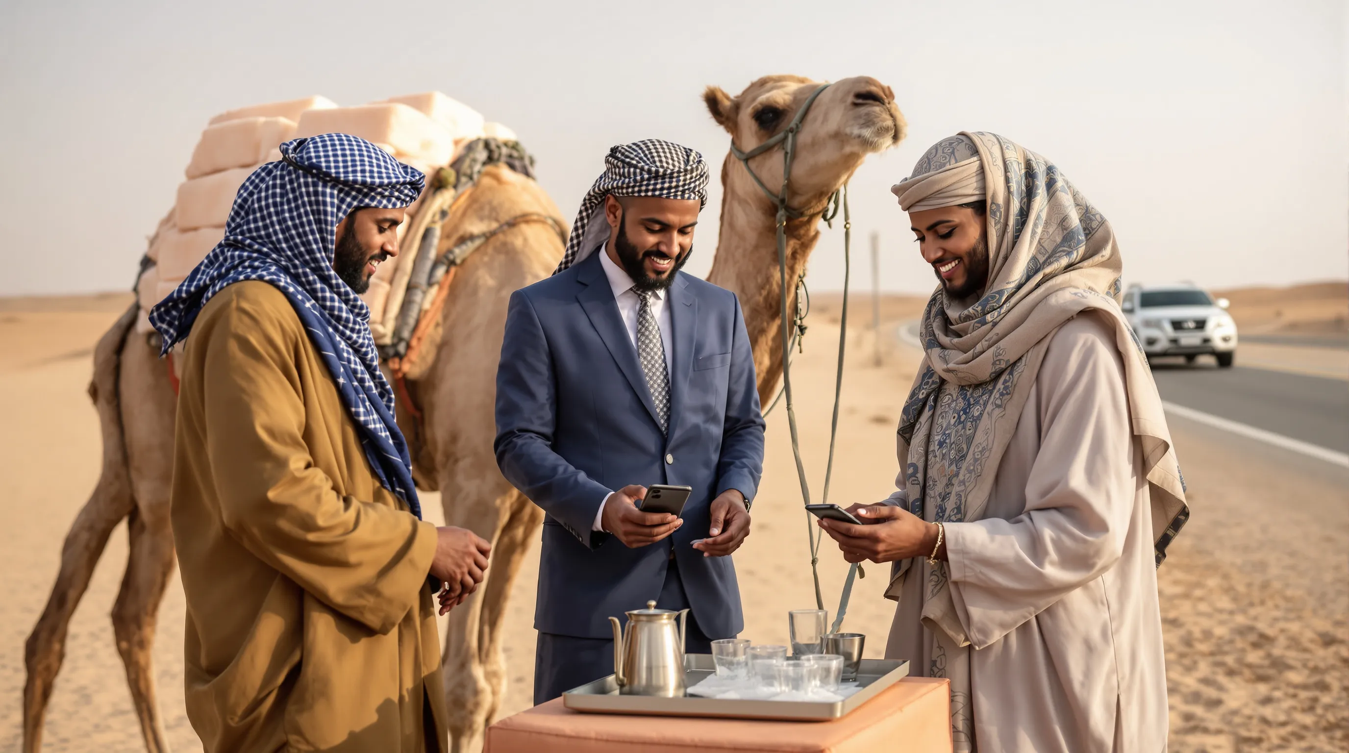 Tuareg professionals with camels and tea in a modern Sahara scene.