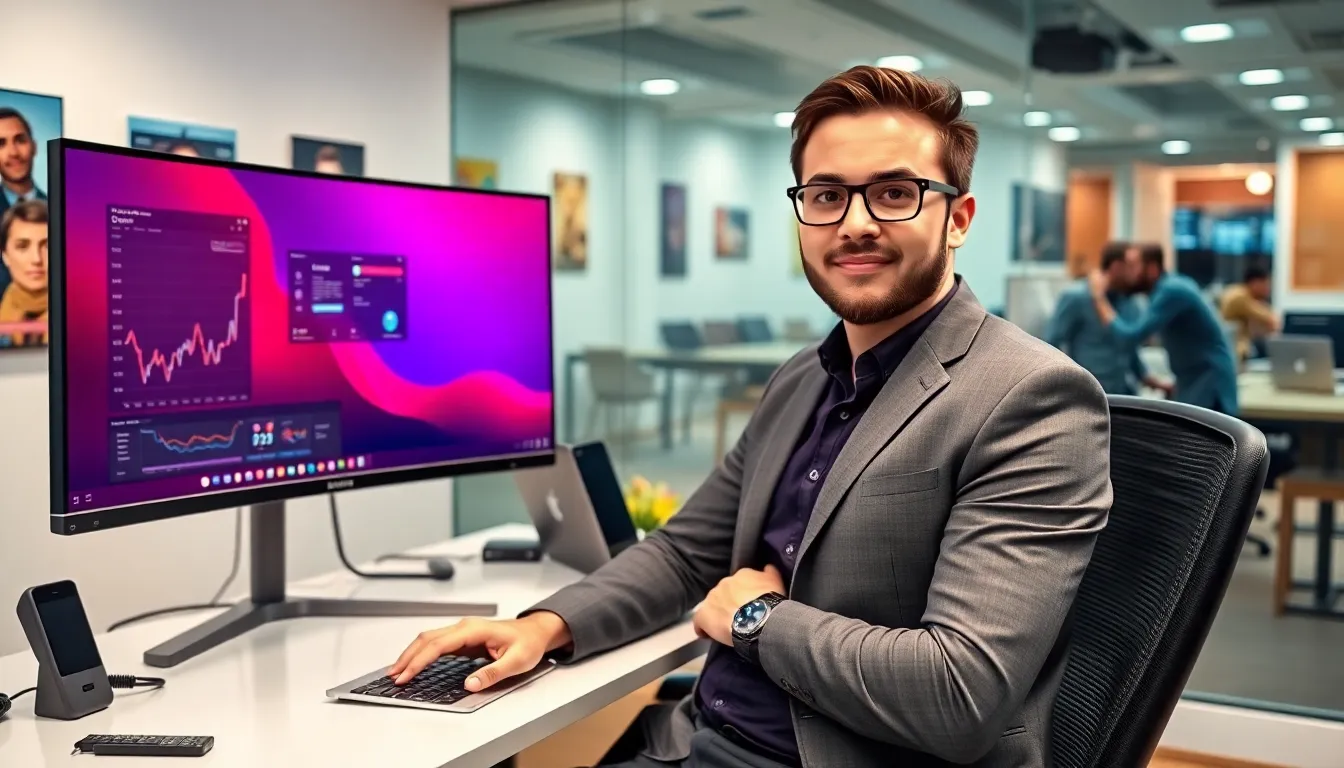 Content creator in a modern workspace, engaged in digital content creation.