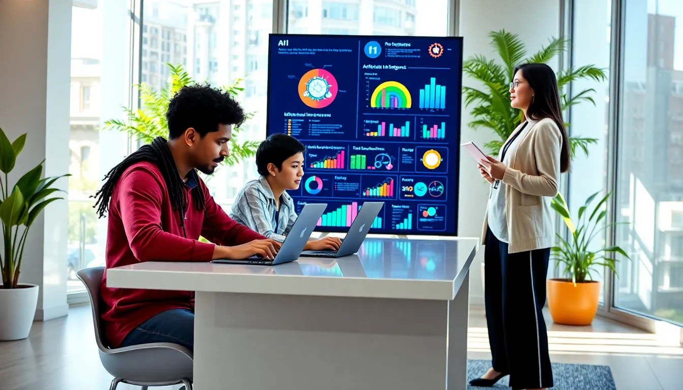 diverse professionals collaborating in a modern office focused on AI careers.