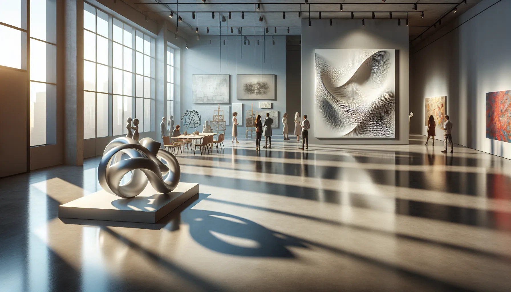 artists discussing volume in a modern art studio.