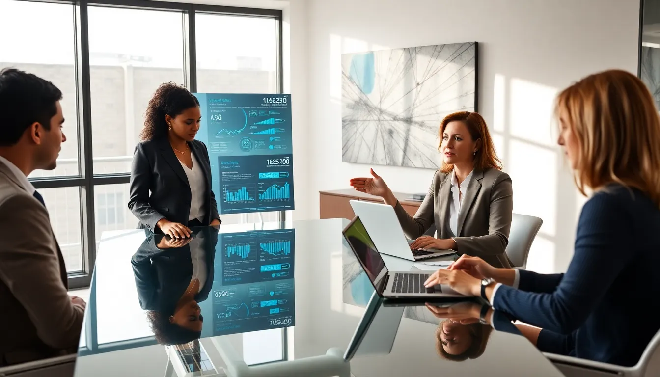 diverse team collaborating on data insights in a modern office.