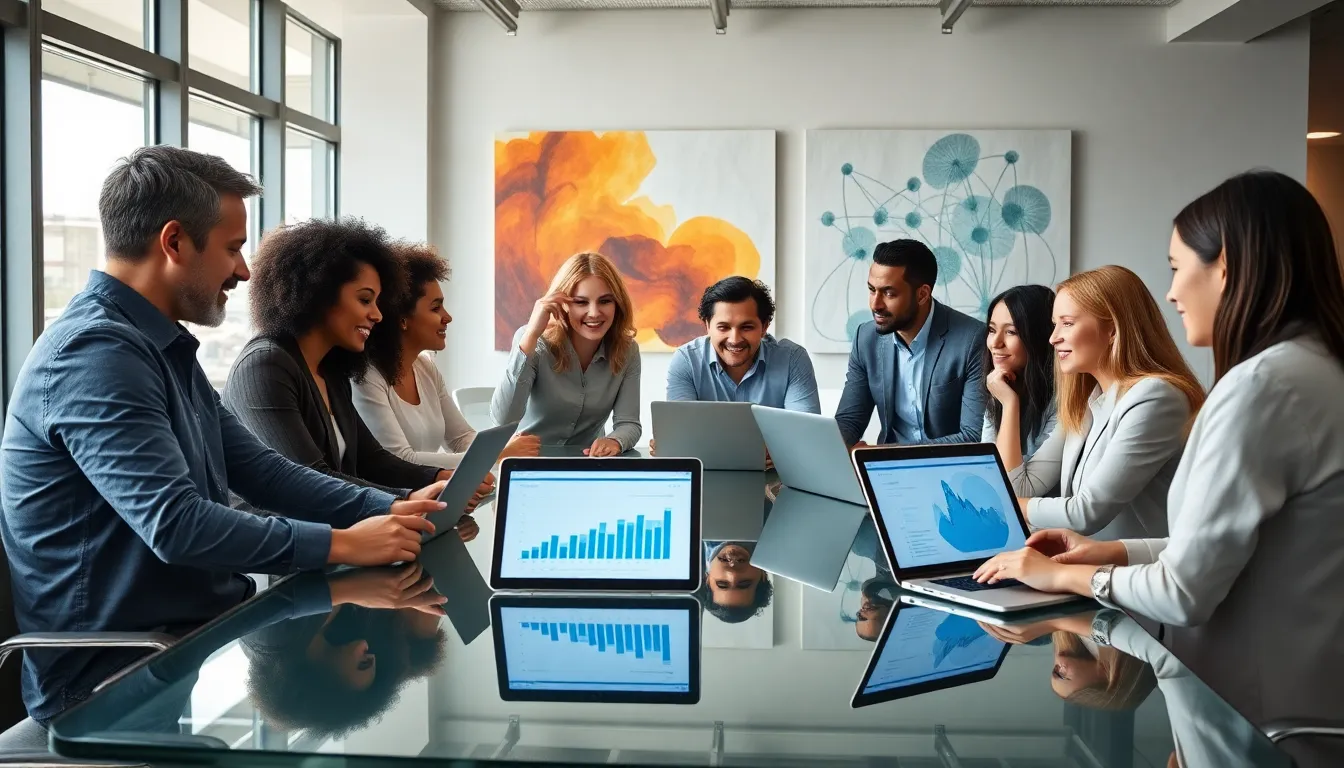 diverse team collaborating in a modern office space.