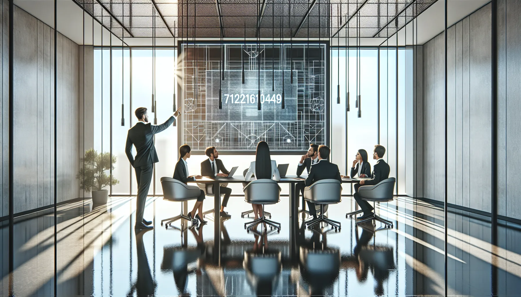 professionals discussing the significance of a key number in a modern office.