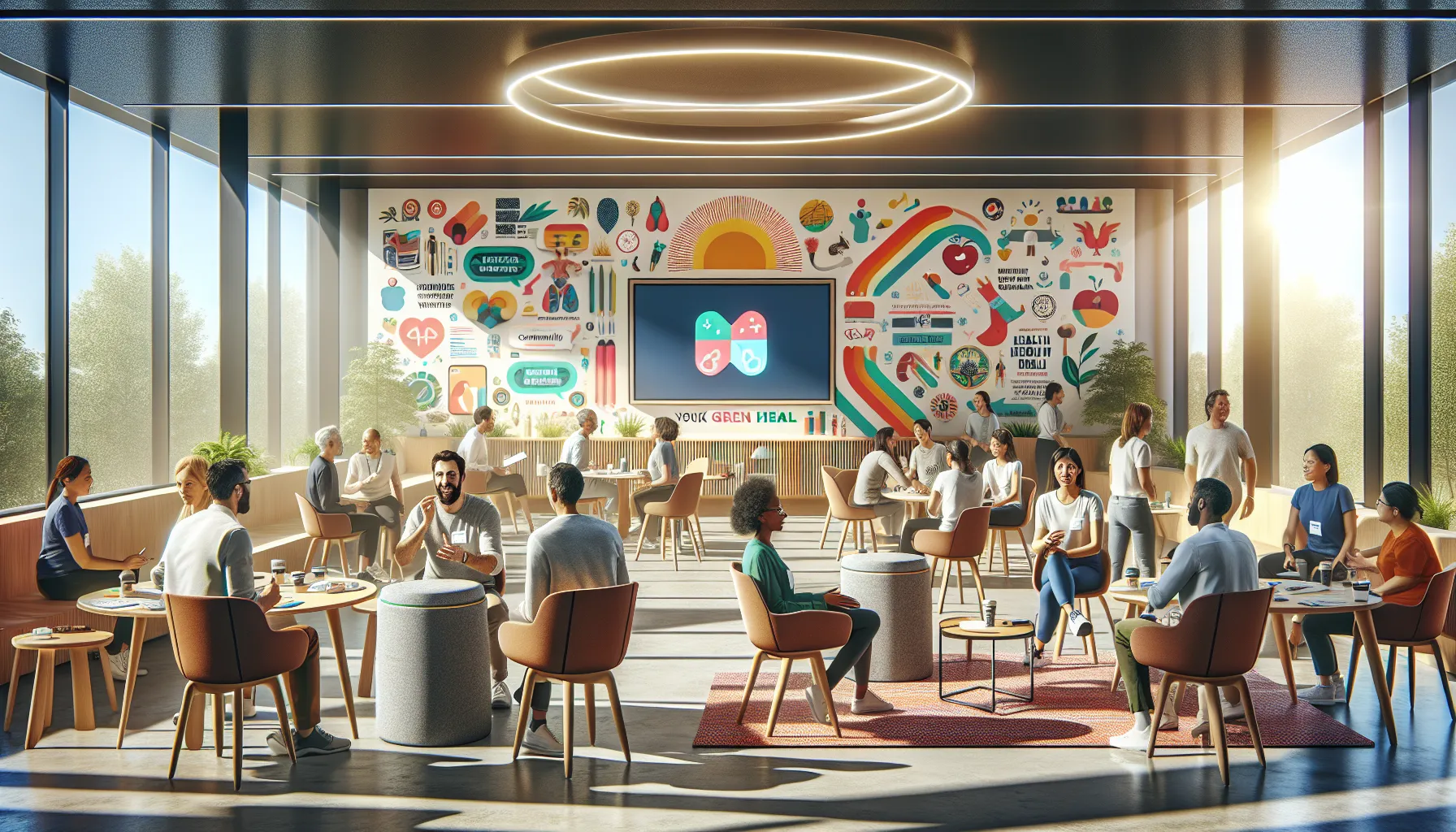 diverse group engaging in a health-focused workshop in a modern space.