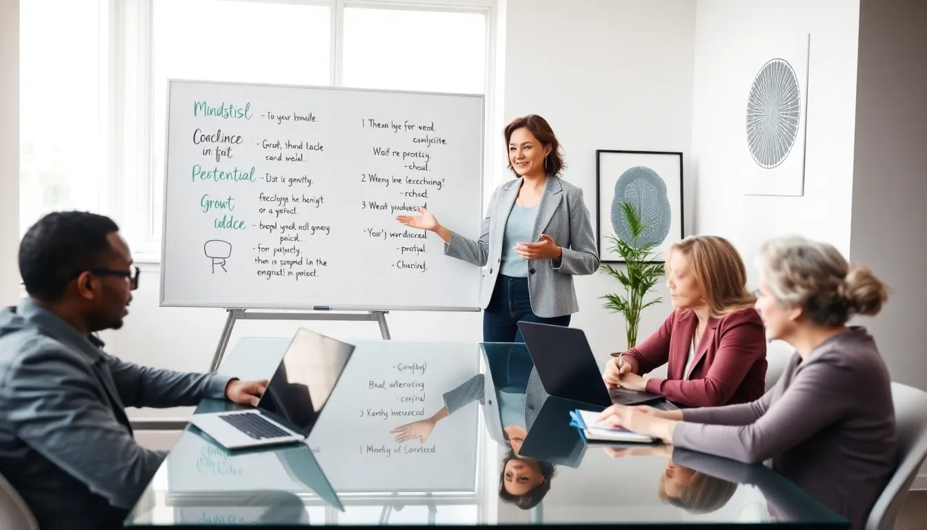 diverse group engaged in a mindset coaching session in a modern office.
