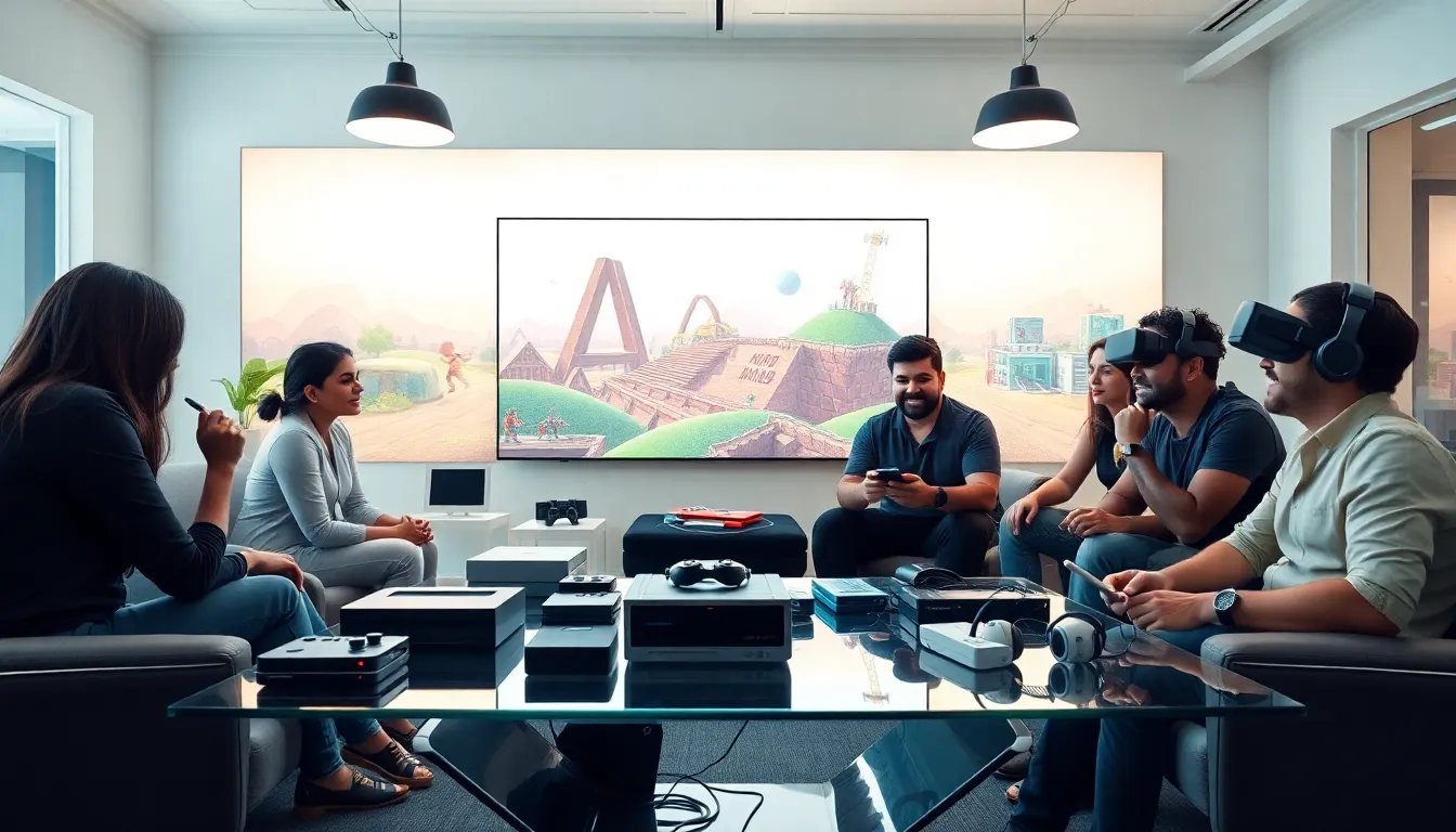 professionals discussing gaming evolution in a modern lounge.