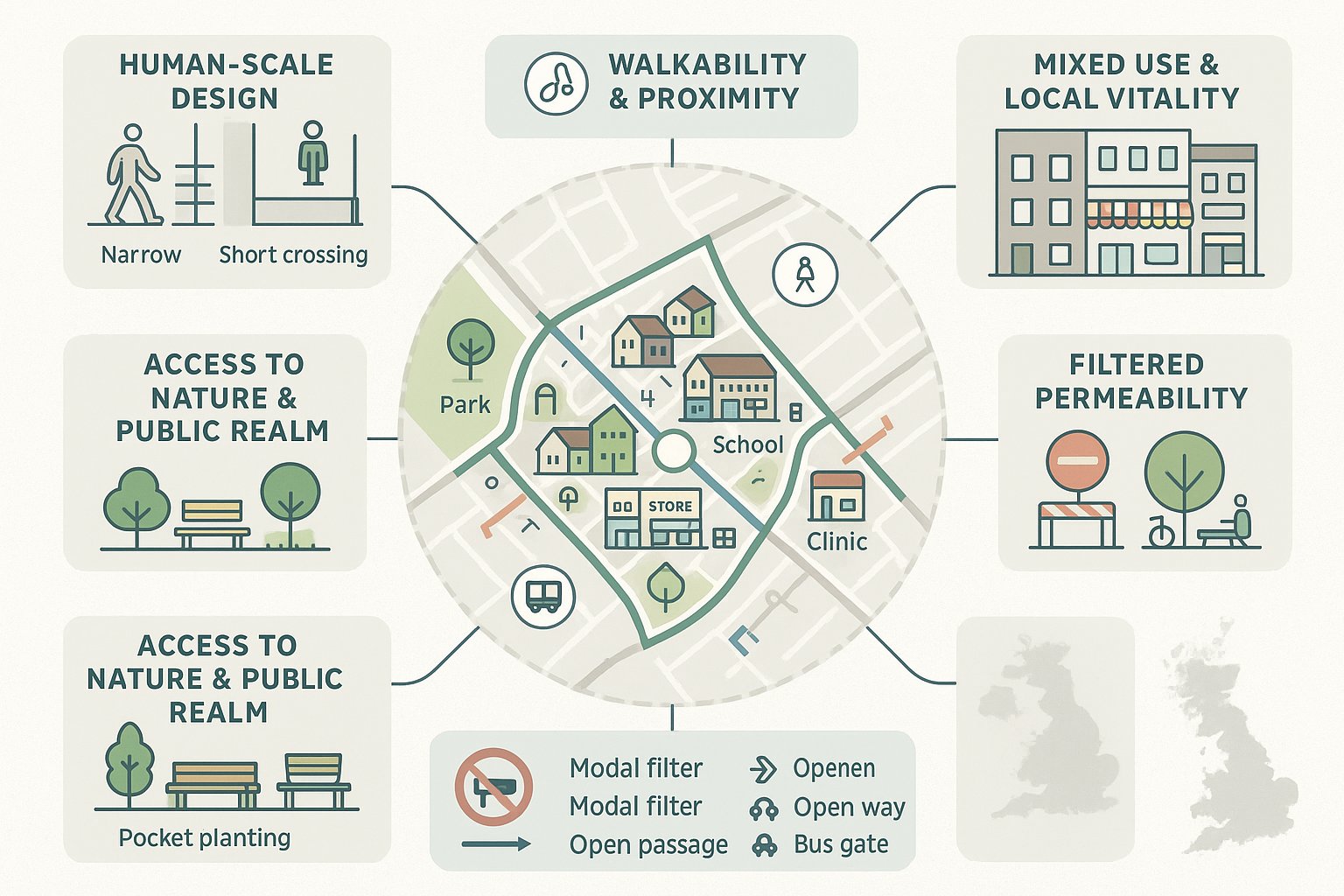 UK neighbourhood infographic showing walkable streets, local services, and filtered traffic routes.