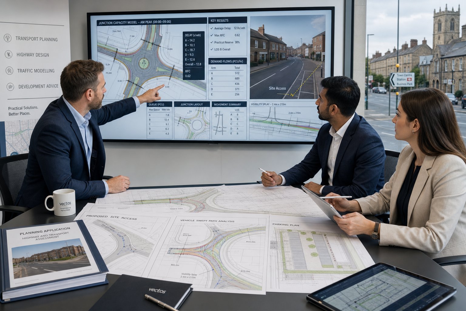 Consultants reviewing UK road access and traffic planning documents in an office.