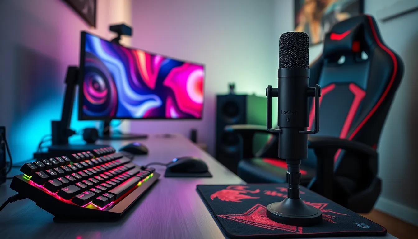 a modern gaming setup with RGB keyboard, ergonomic chair, and streaming equipment.