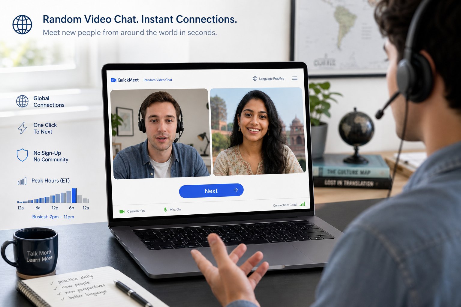 Professional using a laptop for instant one-to-one random video chat.