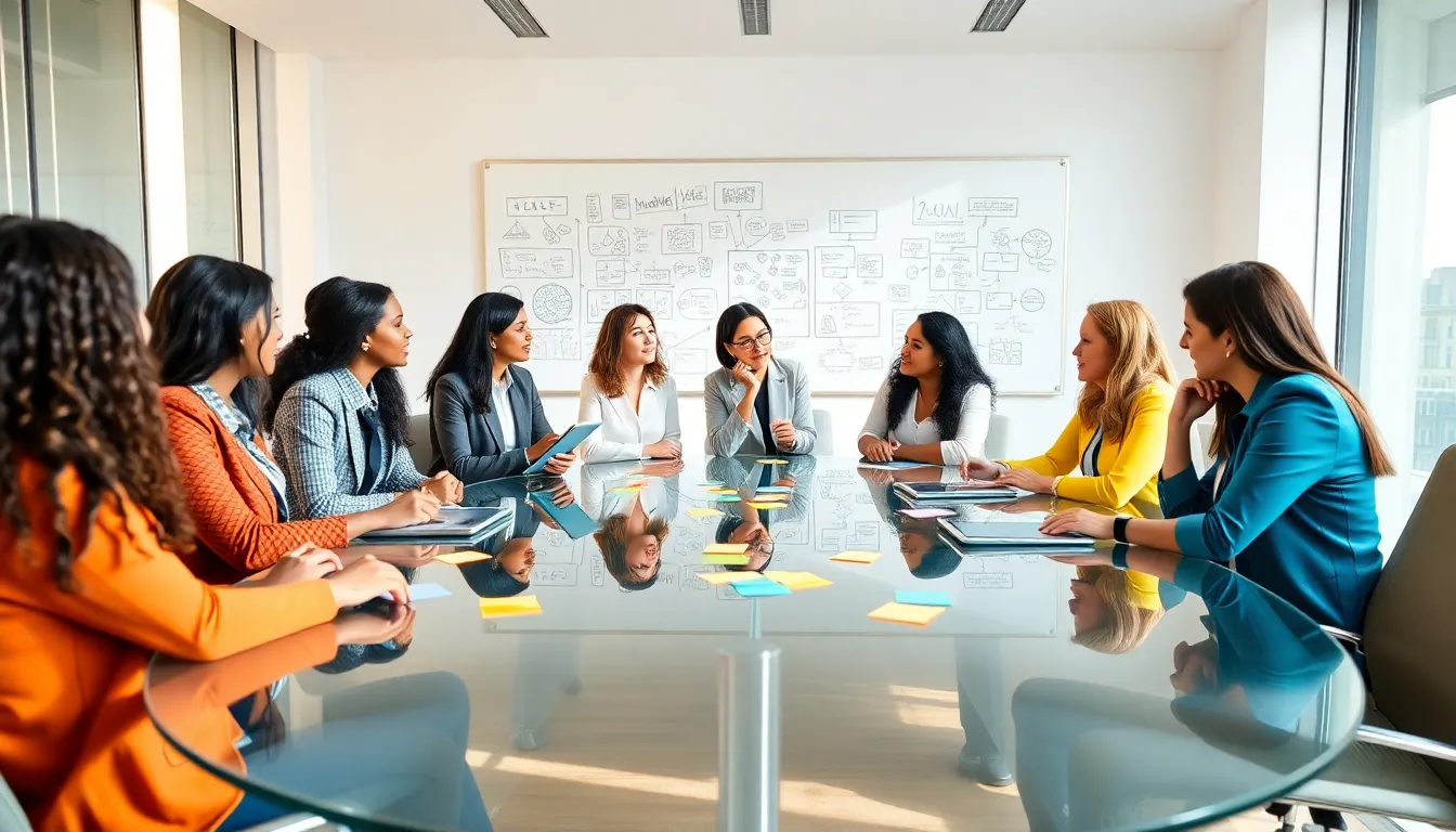 diverse group brainstorming in a modern conference room.