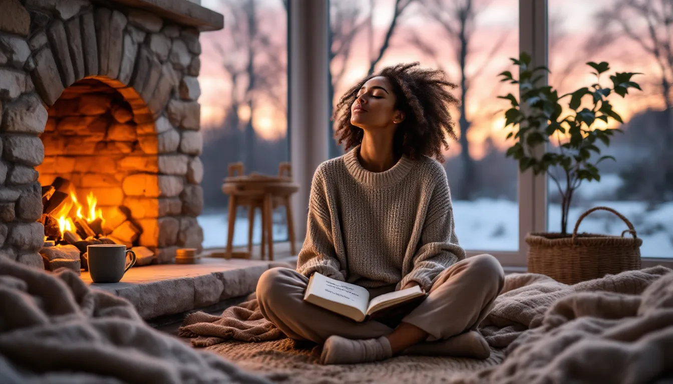 A woman sitting peacefully beside a gentle hearth flame with a journal nearby.