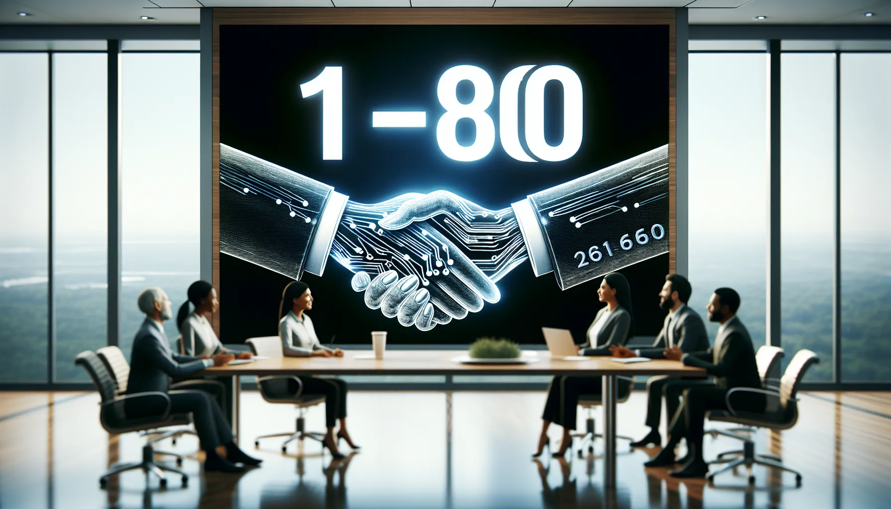 graphic depicting a toll-free number and virtual handshake in a modern office.
