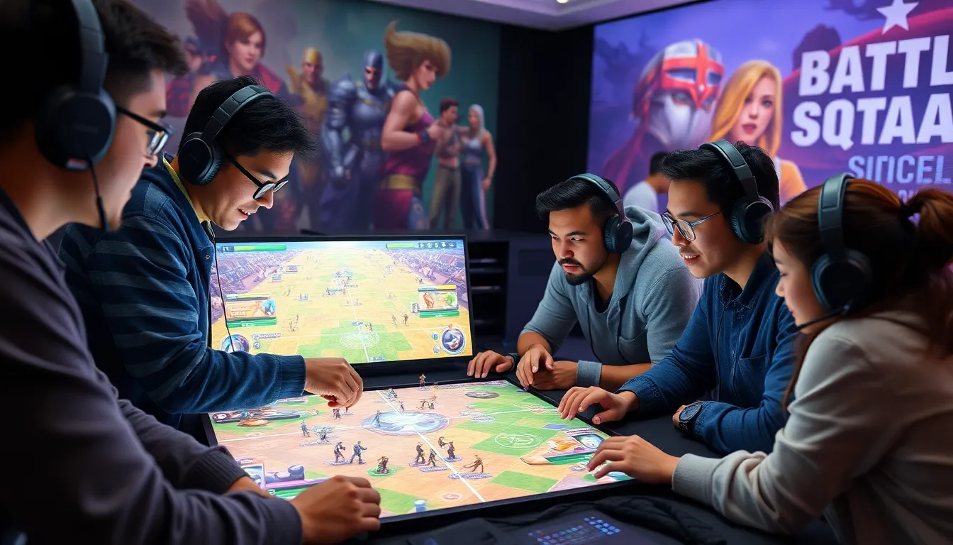 gamers strategizing over a digital battlefield display in a modern gaming environment.
