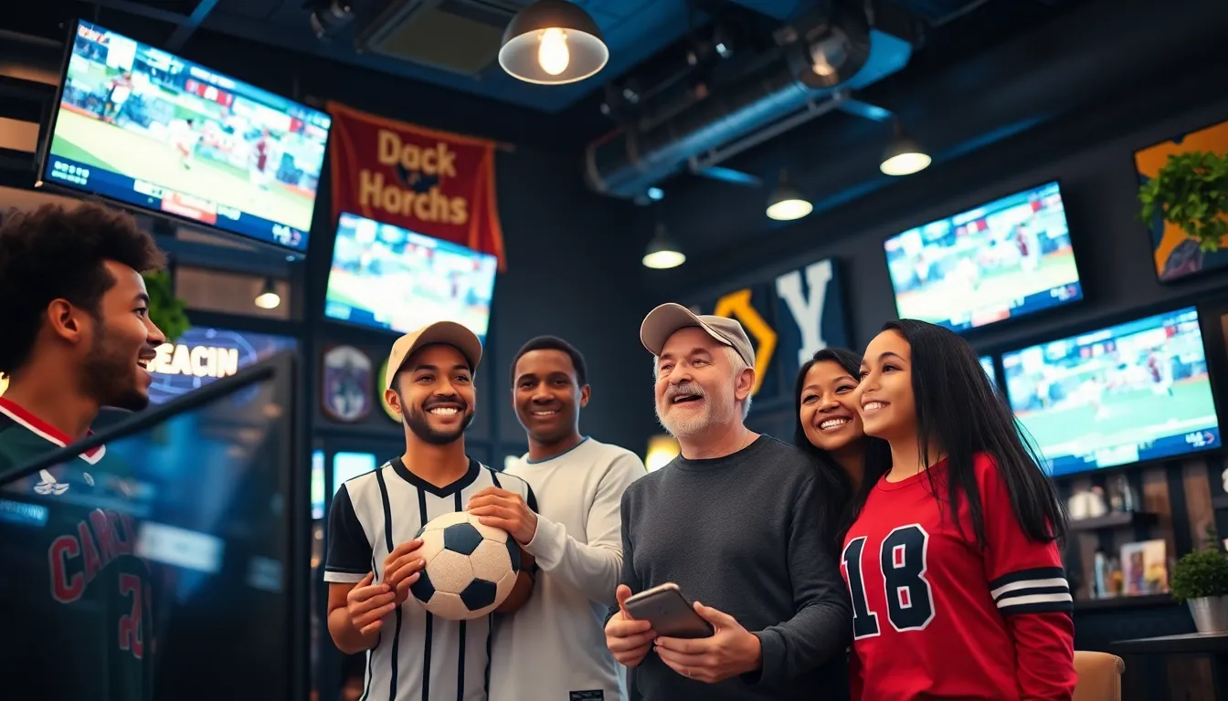 a diverse group of fans enjoying sports updates in a cozy bar.