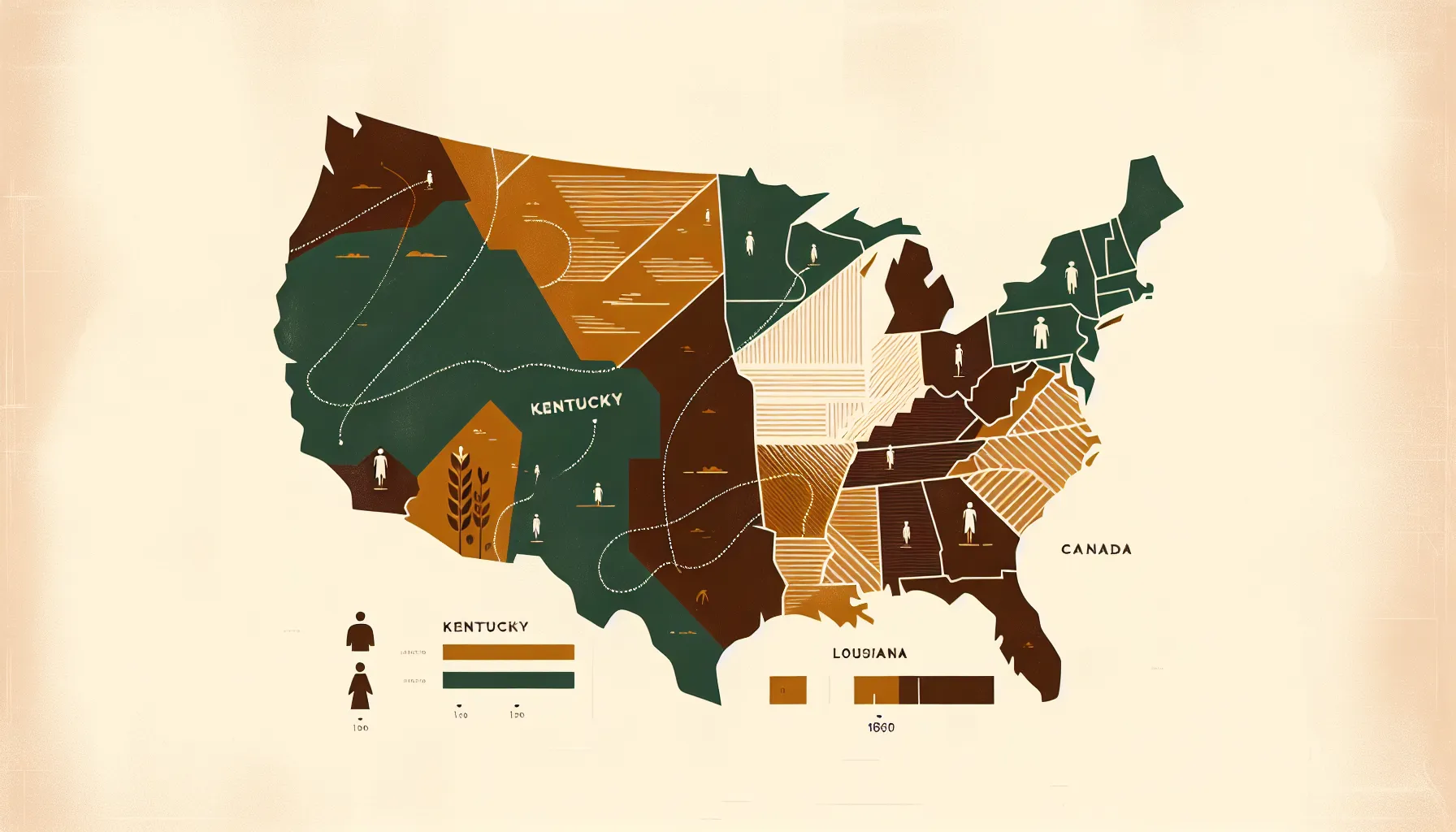 Minimalist map showing journey from Kentucky through Louisiana to Canada in 1850s America
