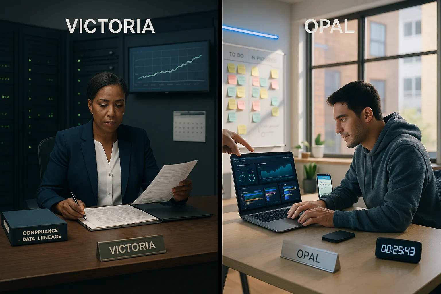 An auditor at a Victoria desk contrasted with a developer in an Opal engineering bay.