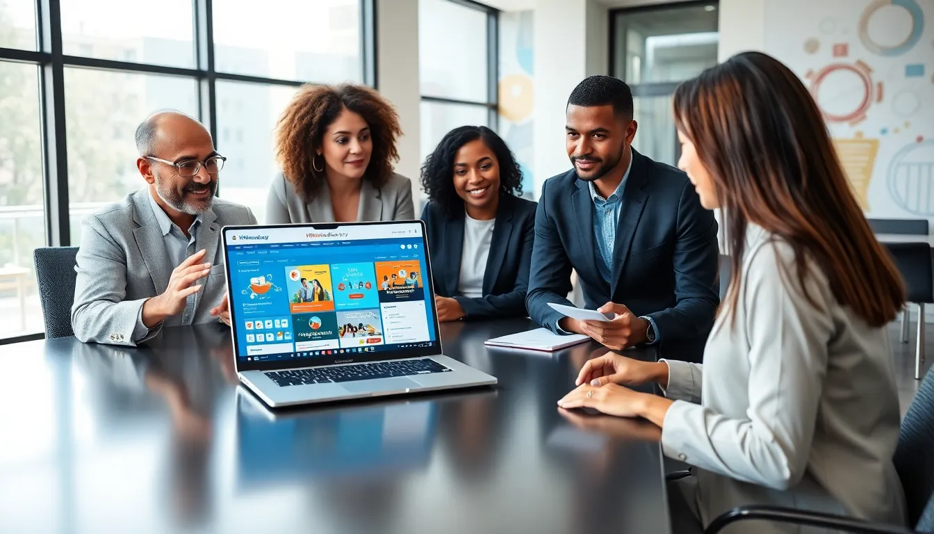 diverse professionals collaborating on online learning at a modern office.