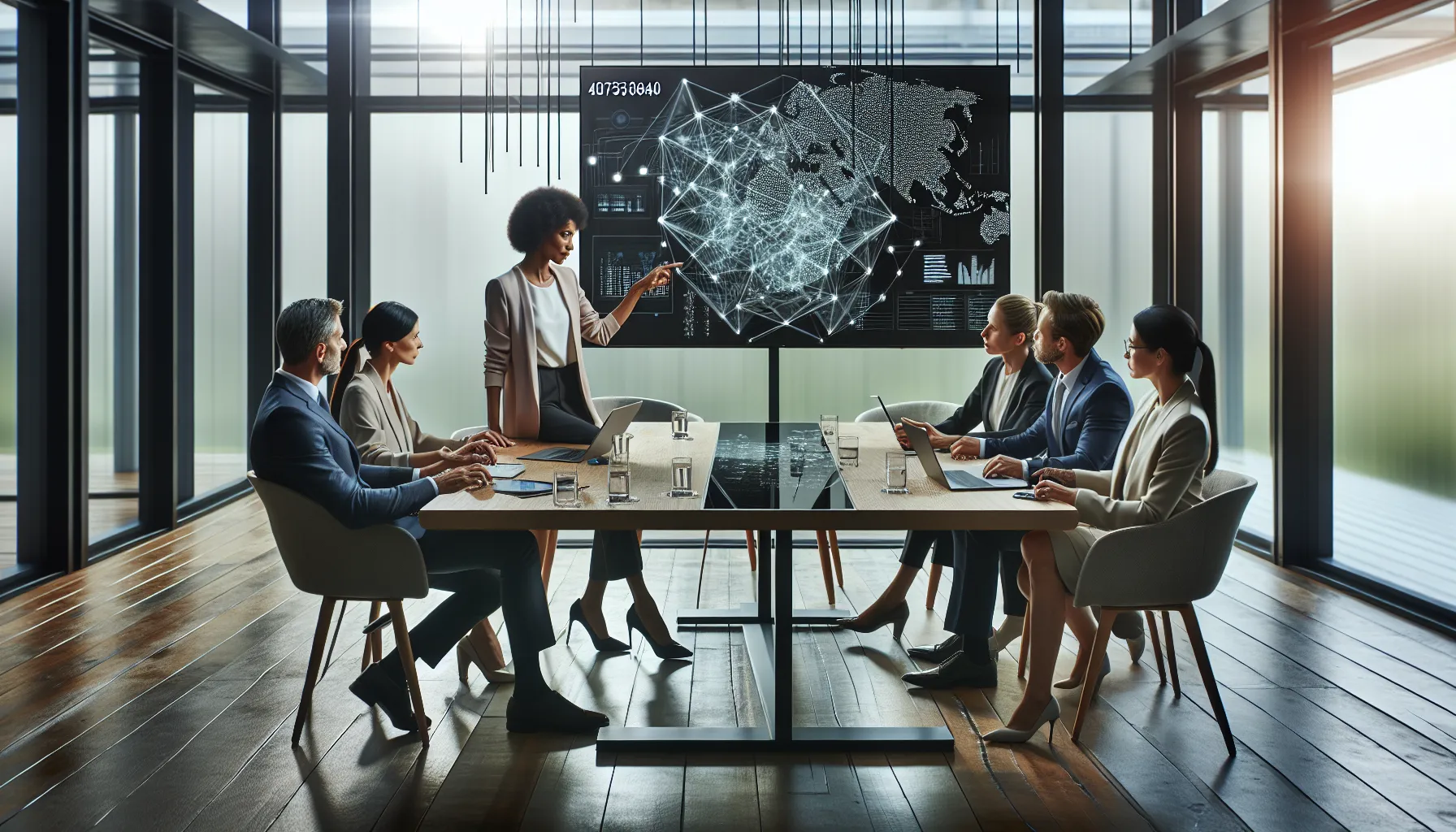 Diverse team discussing digital data in a modern office.