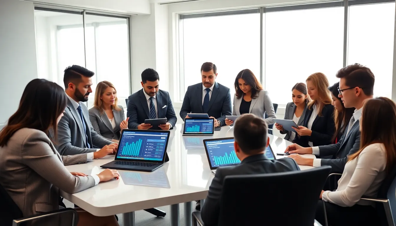 diverse professionals discussing college rankings in a modern office.