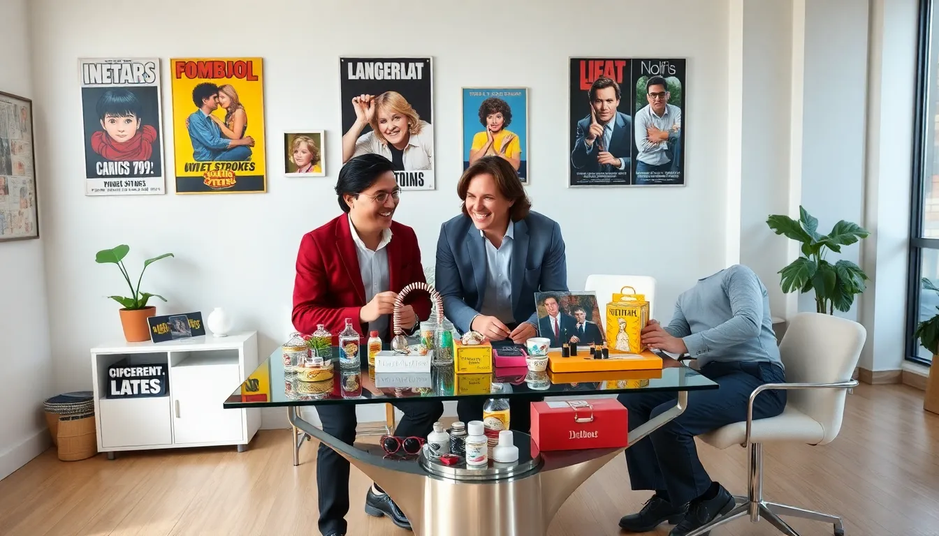 diverse team discussing 1970s pop culture in a modern office.