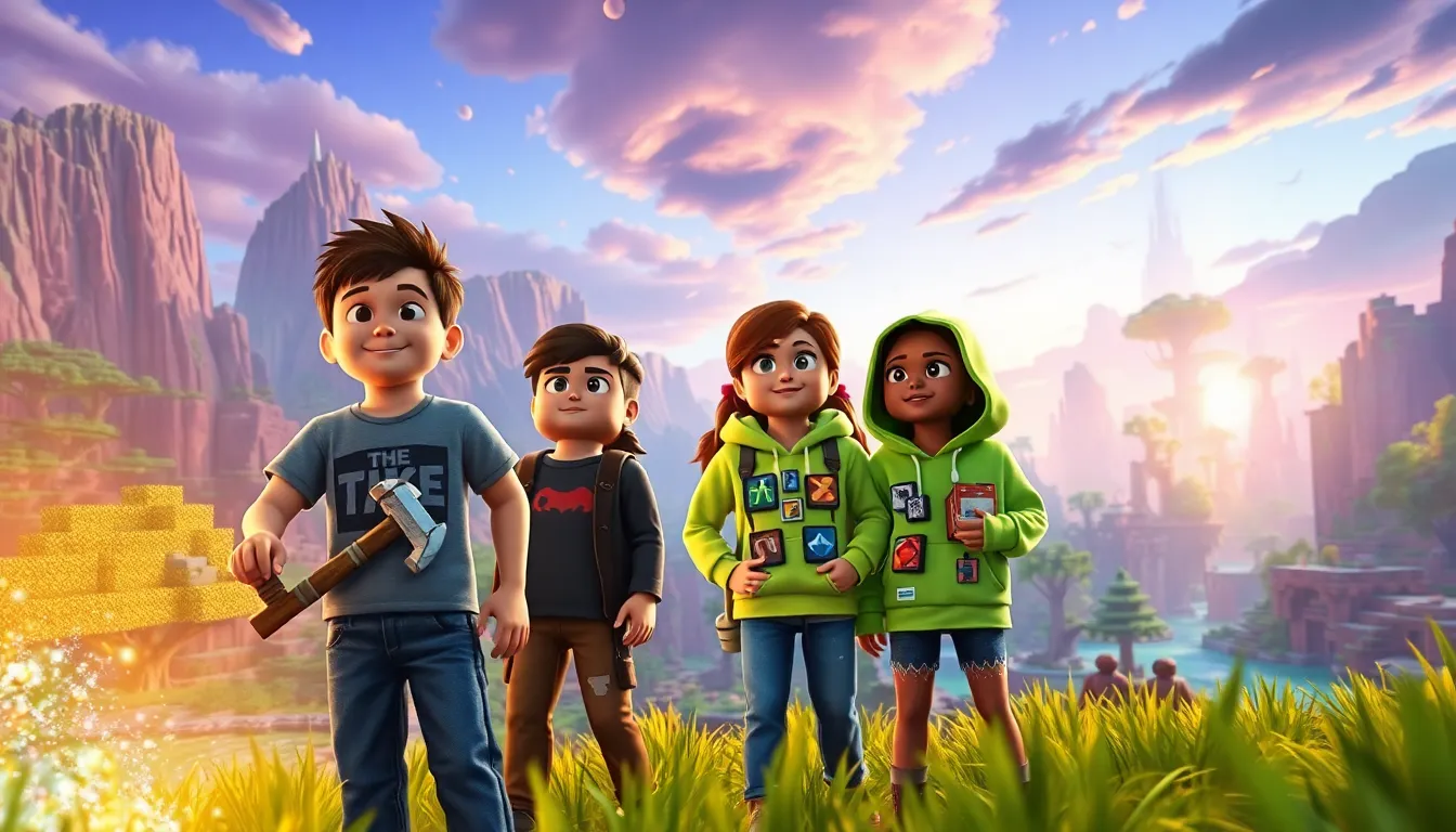 A diverse group of characters joyfully exploring a vibrant Minecraft landscape.