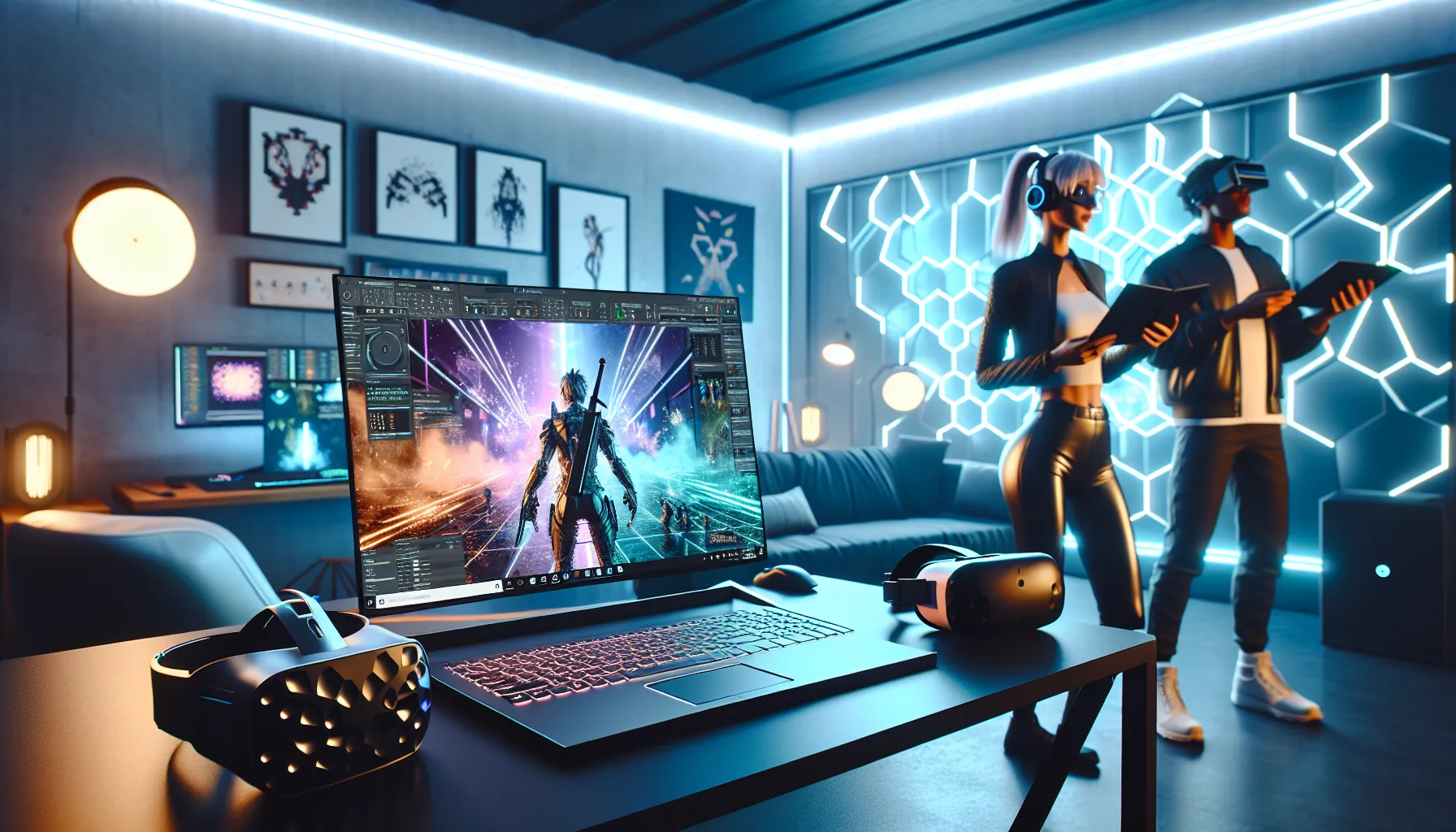 diverse team exploring future gaming technology in a modern setup.