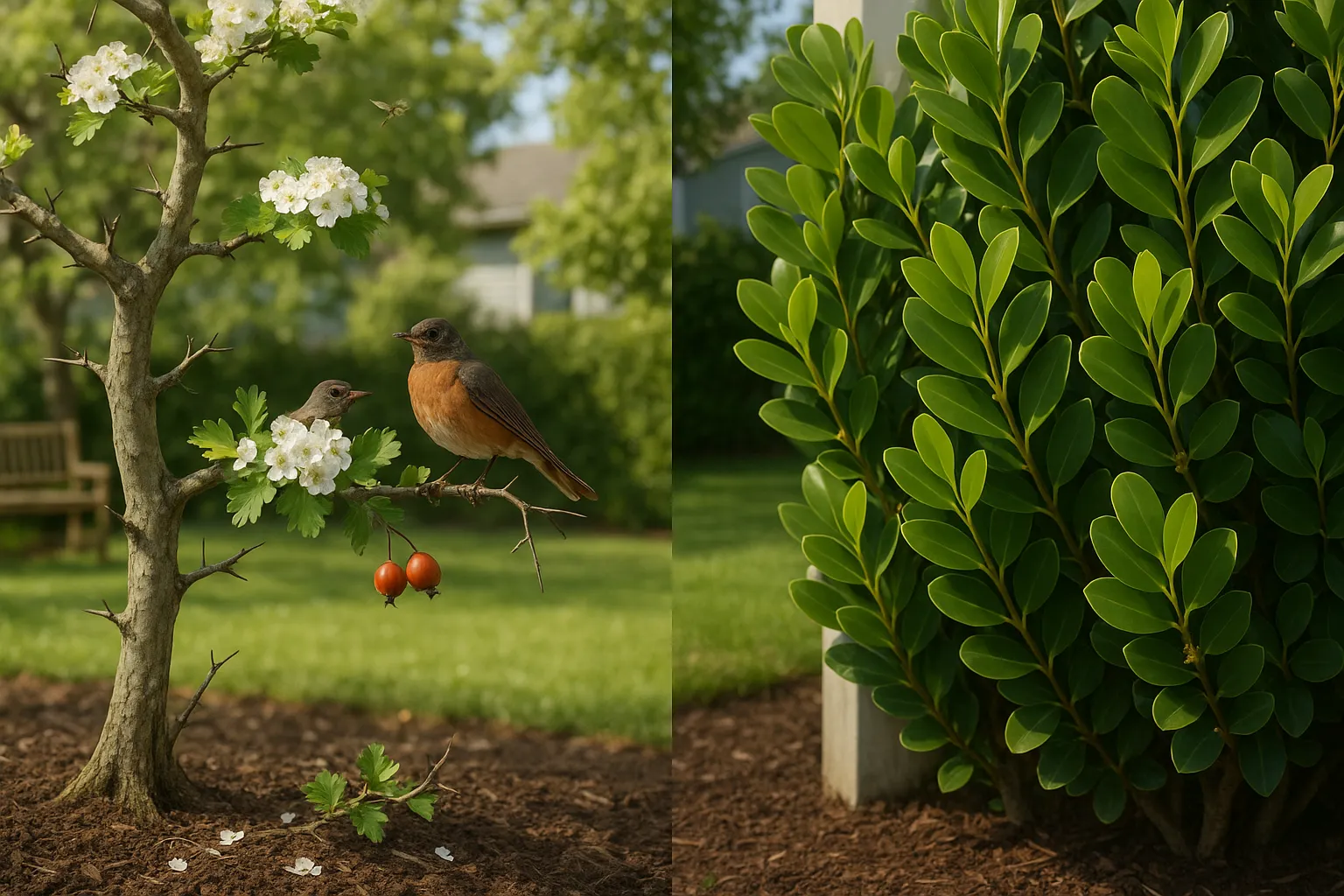 Native hawthorn with blossoms and berries beside a dense evergreen Griselinia hedge.
