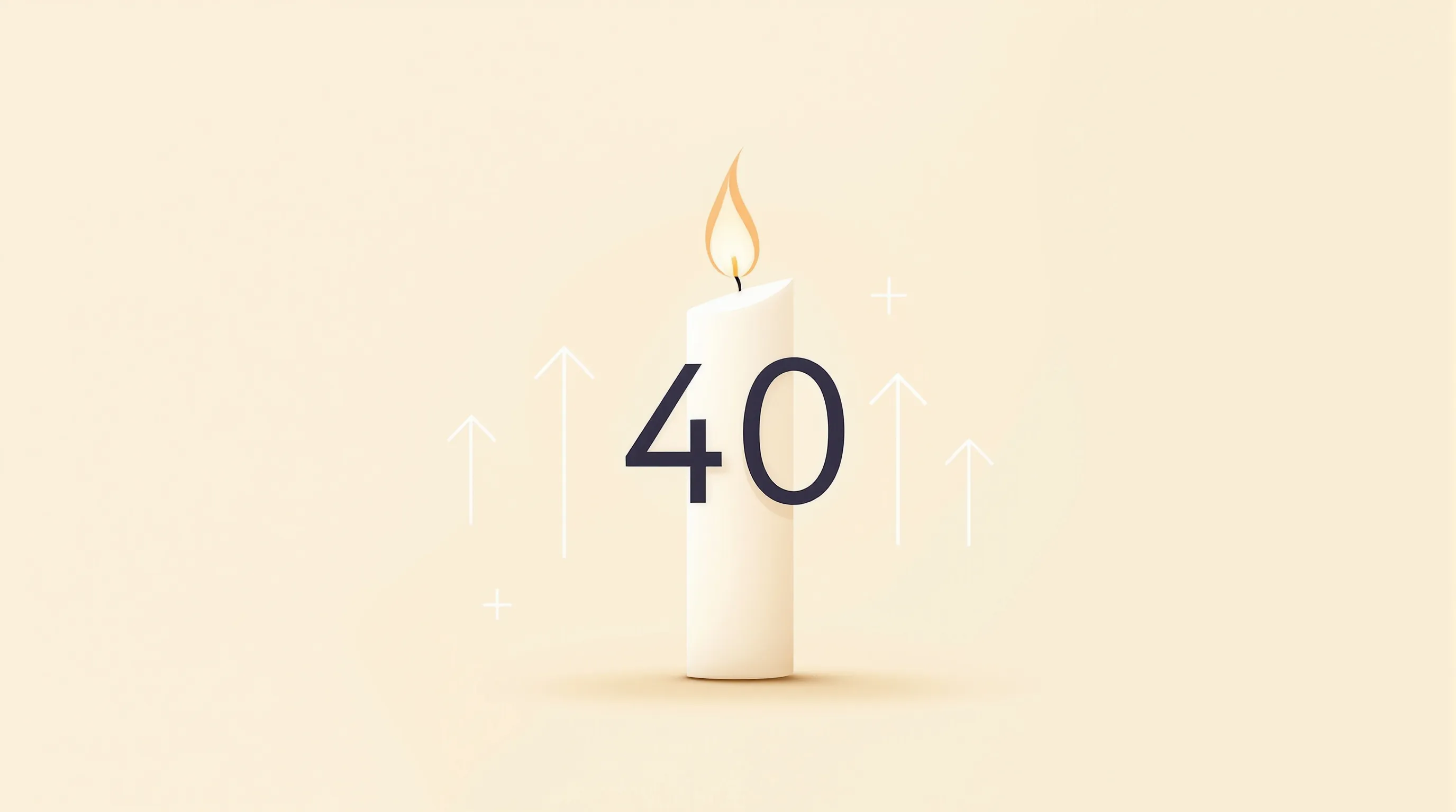 Minimalist illustration of number 40 with candle and upward arrows on neutral background.