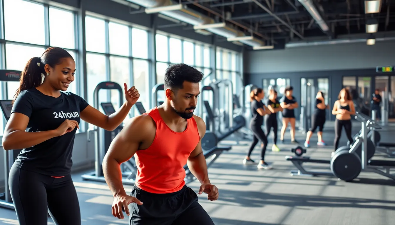 personal trainer assisting a client in a modern gym setting.