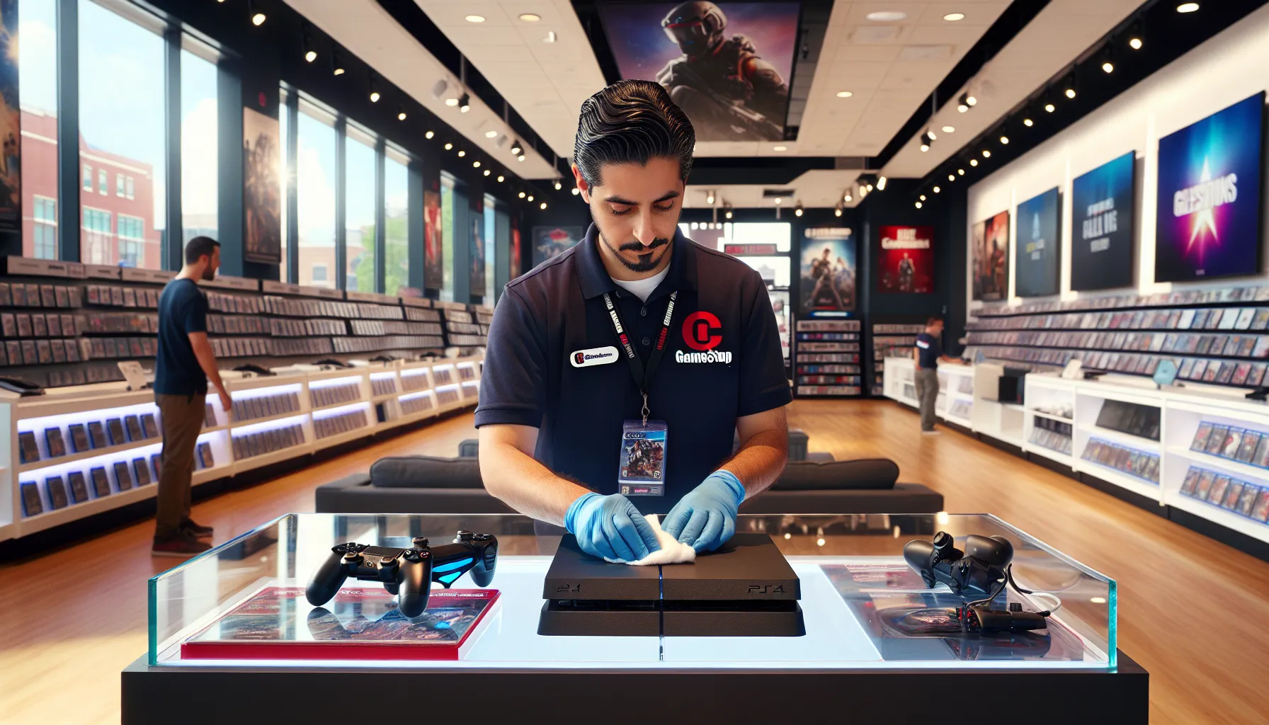 technician cleaning a PS4 in a modern GameStop store.