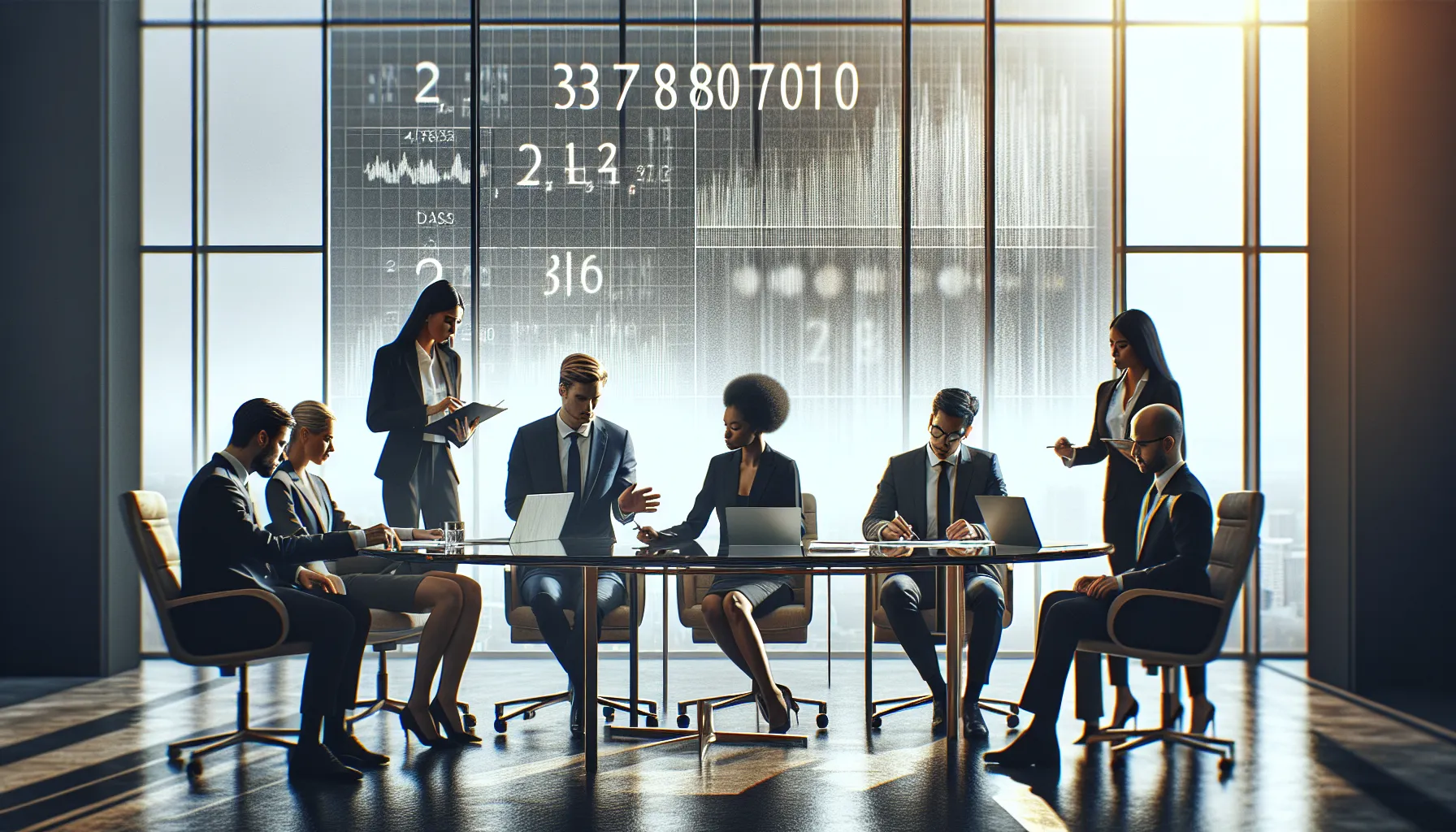 diverse team analyzing large financial numbers in a modern office.