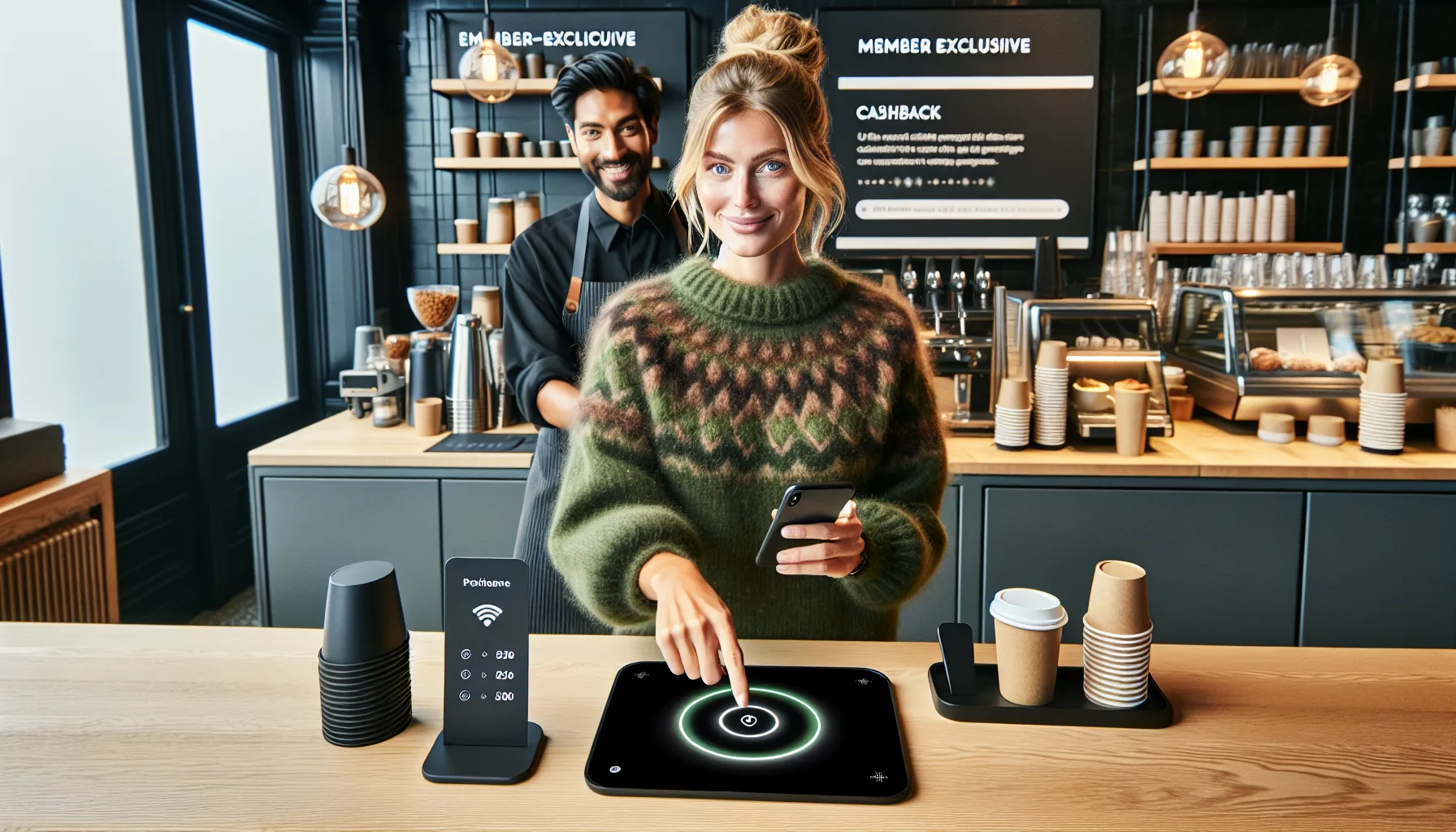 Customer redeems loyalty points on phone at a norwegian café counter during winter.