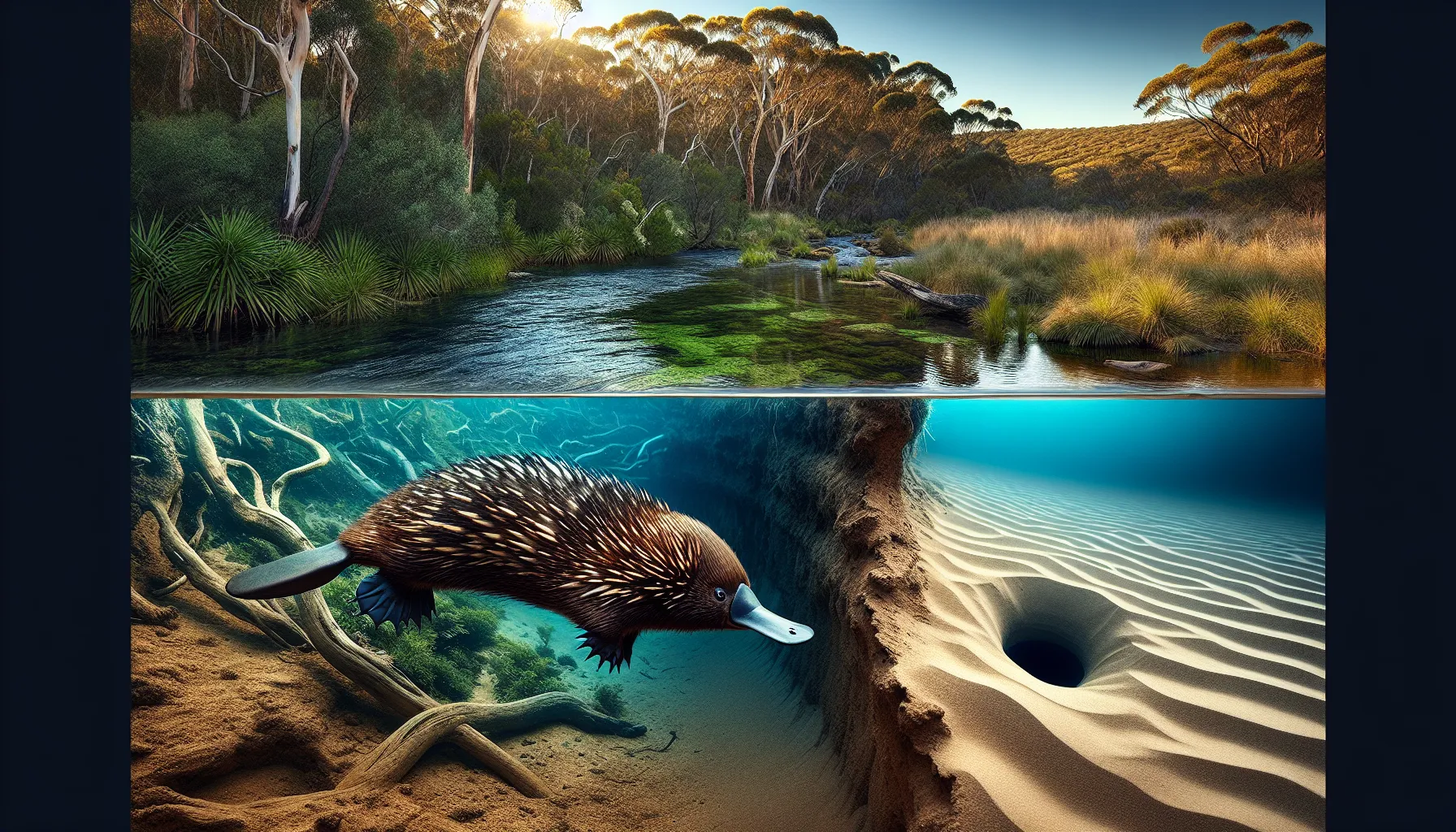 Platypus in a river and echidna in an arid habitat.