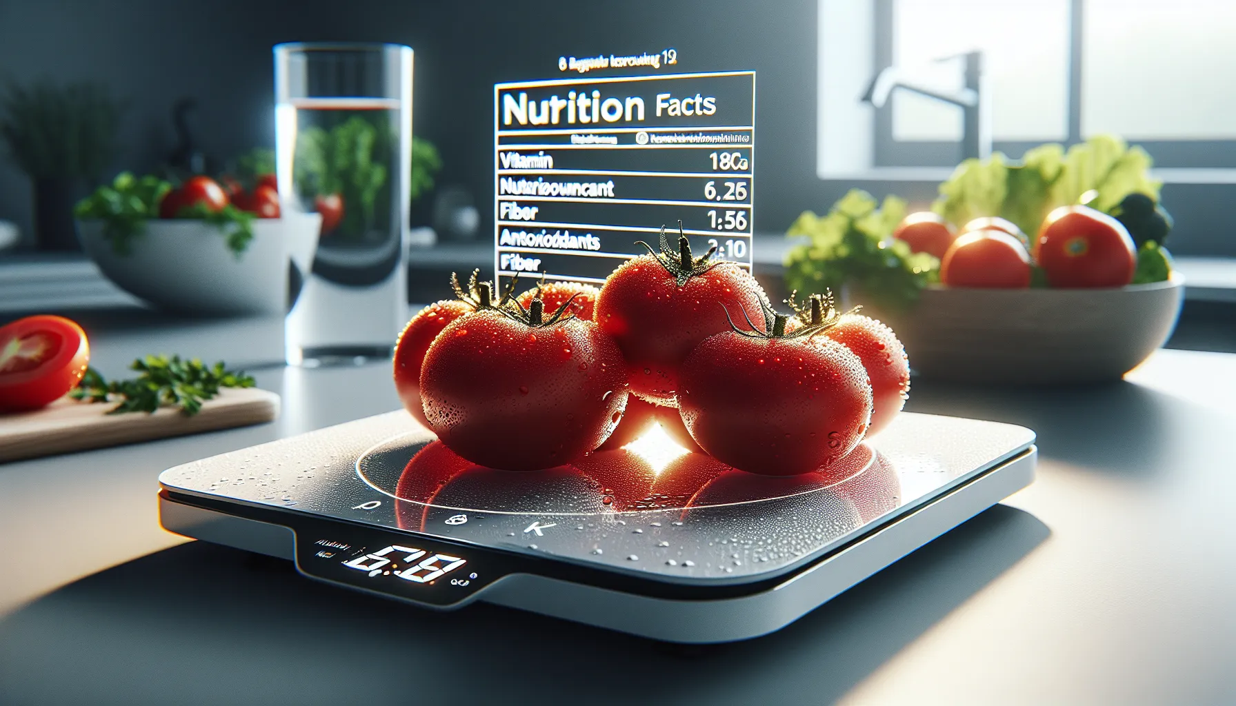 Fresh sliced tomatoes on a digital kitchen scale with nutrition facts visible.