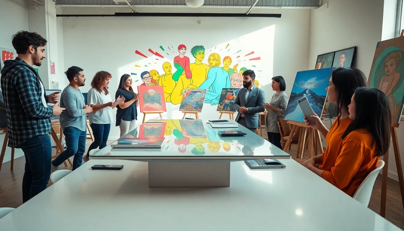 diverse artists collaborating in a bright, modern workspace.