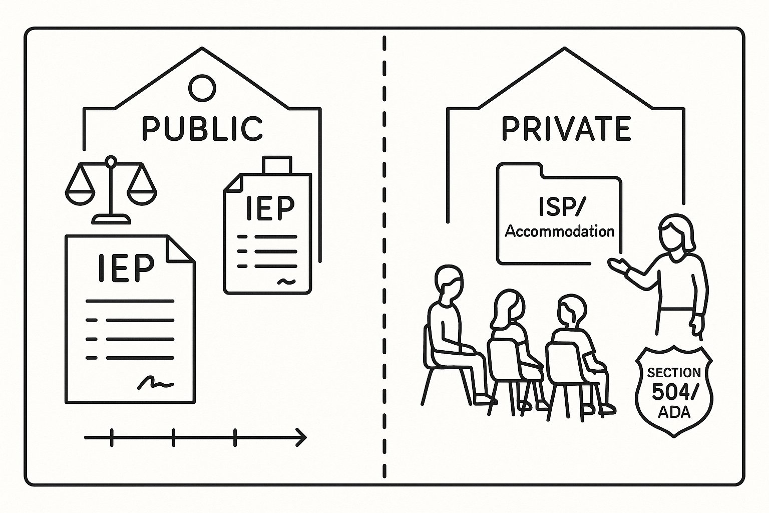 Split-line art comparing public IEPs and private school ISPs with classroom figures. - How Private Schools Handle Special Education What Parents Need To Know In 2026