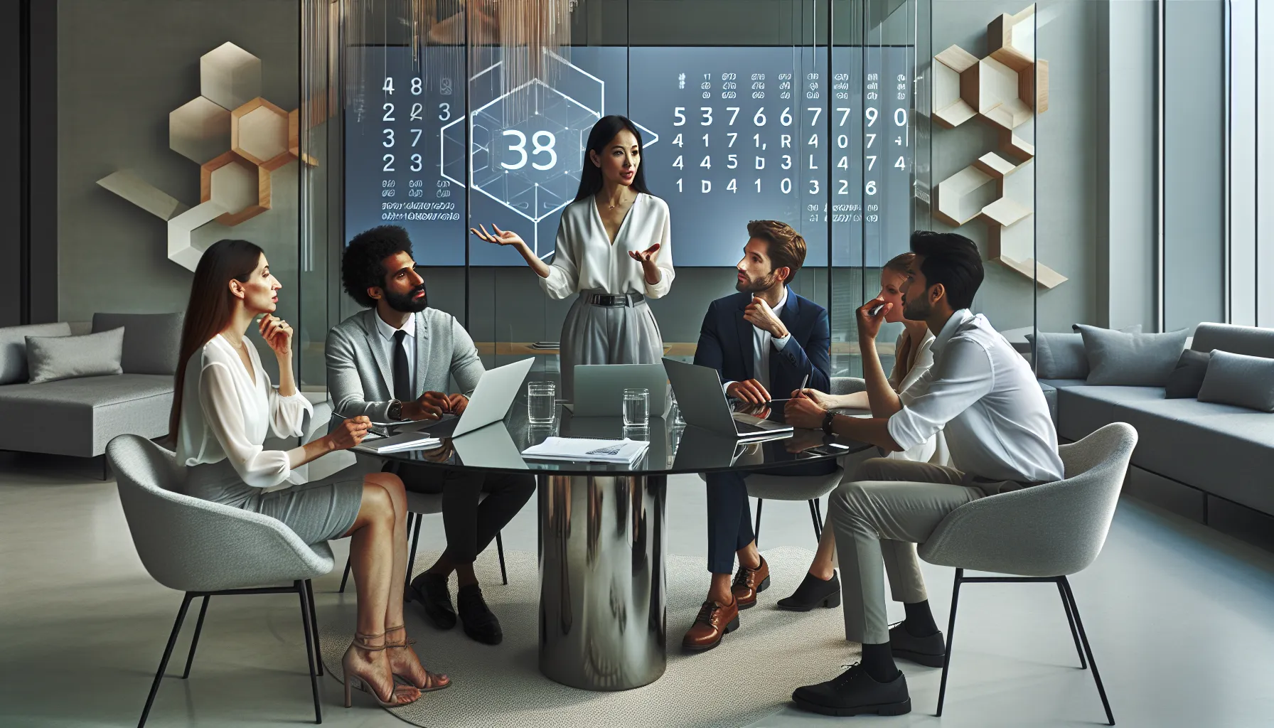 professionals discussing the significance of a number in a modern office.