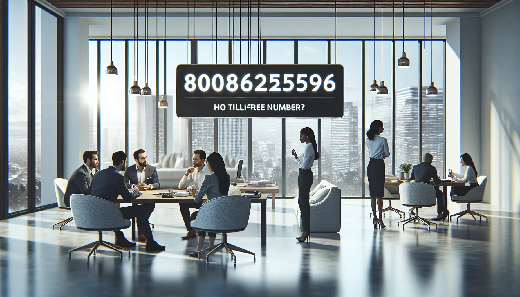 diverse team discussing toll-free number in a modern office.