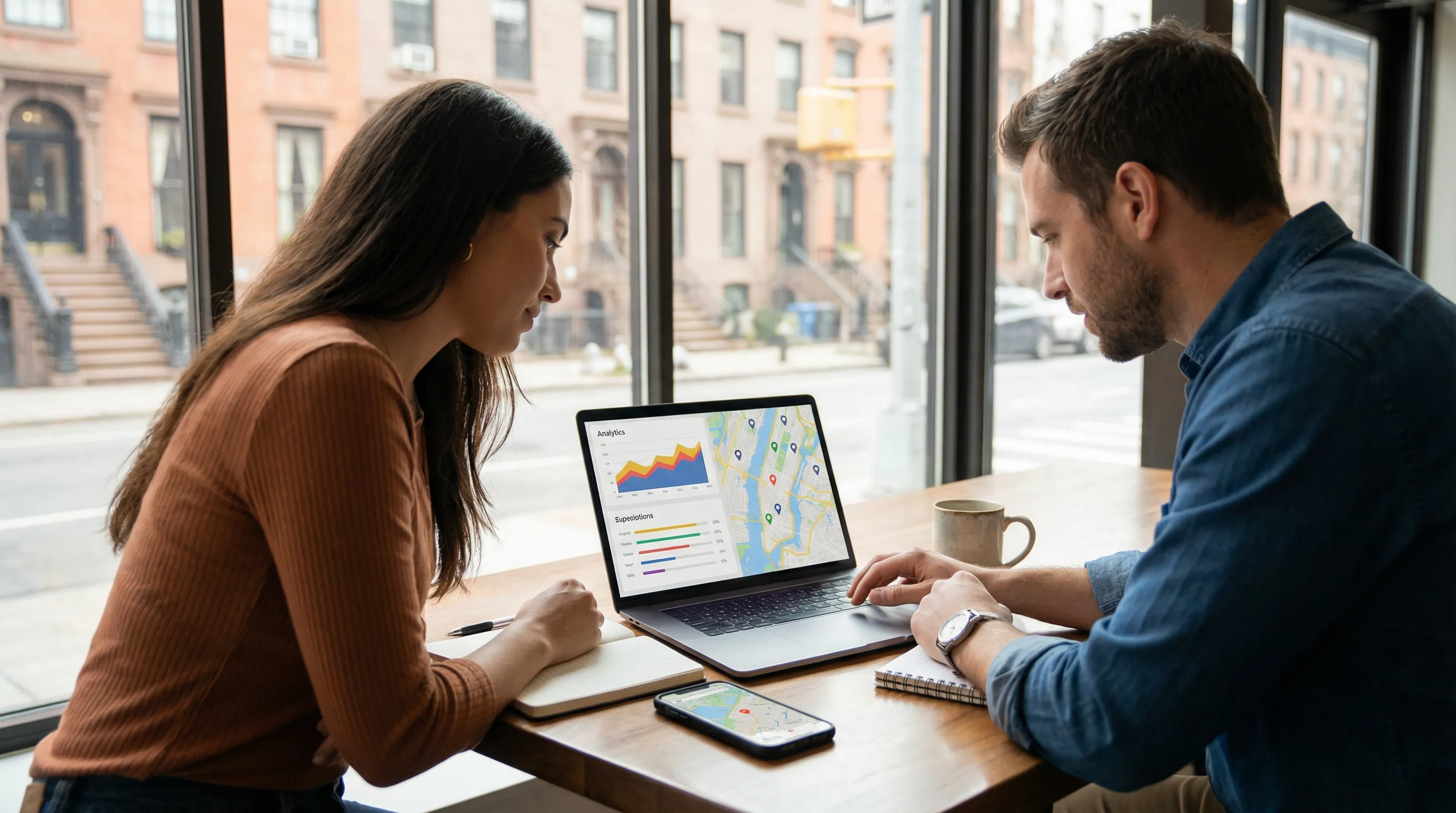 Small business owner and digital marketer collaborating over a laptop with local map analytics in a modern office overlooking a city neighborhood, conveying professional local SEO services.
