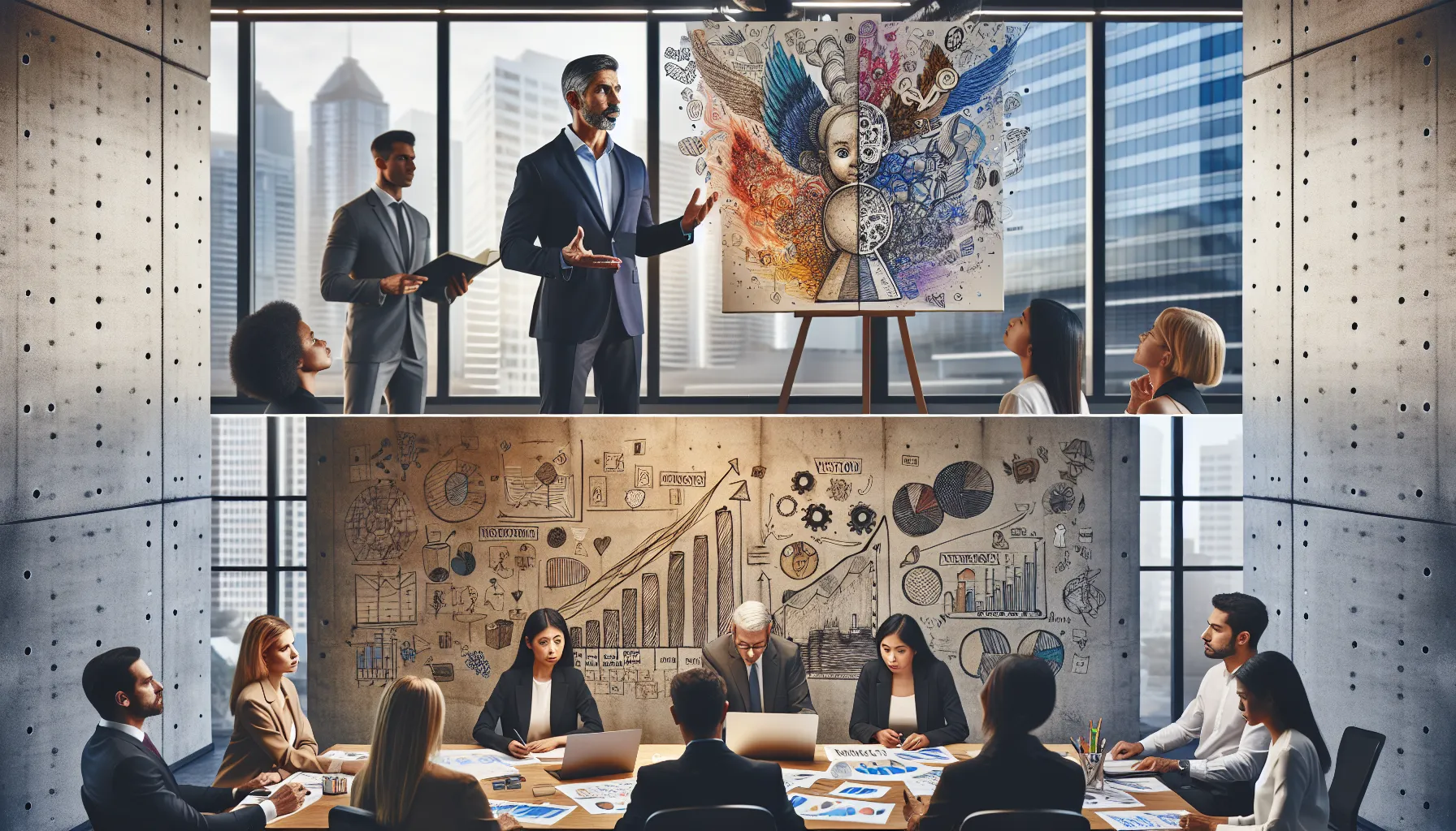 A leader guiding a team, contrasted with a manager reviewing structured plans.