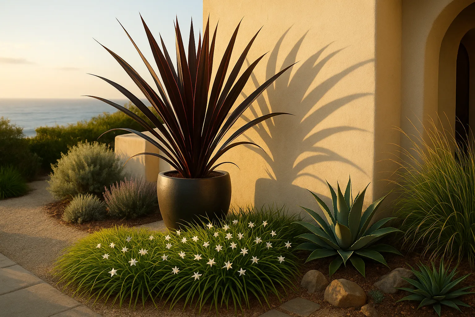 Phormium in a container beside Libertia groundcover in a coastal courtyard