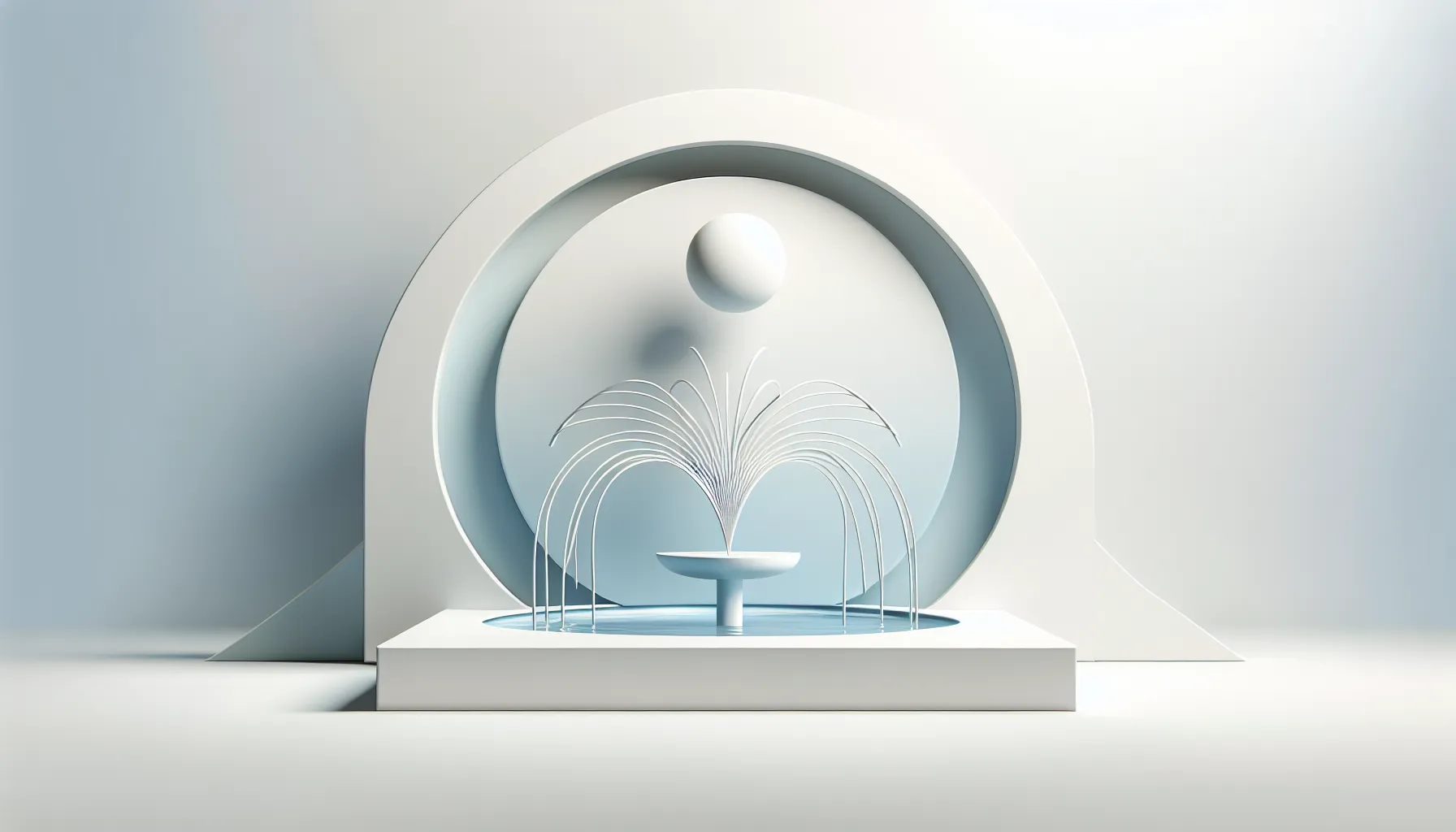Minimalist fountain with flowing water in ethereal white space