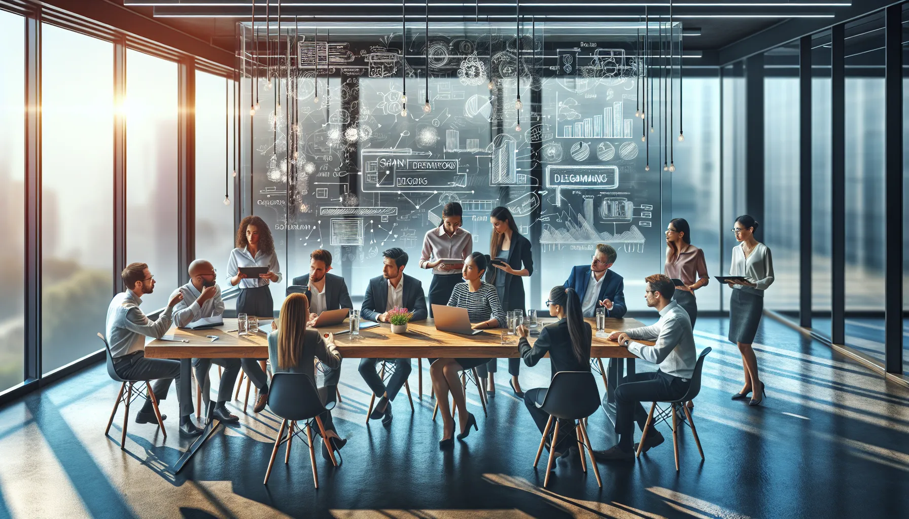 diverse team brainstorming ideas in a modern office.